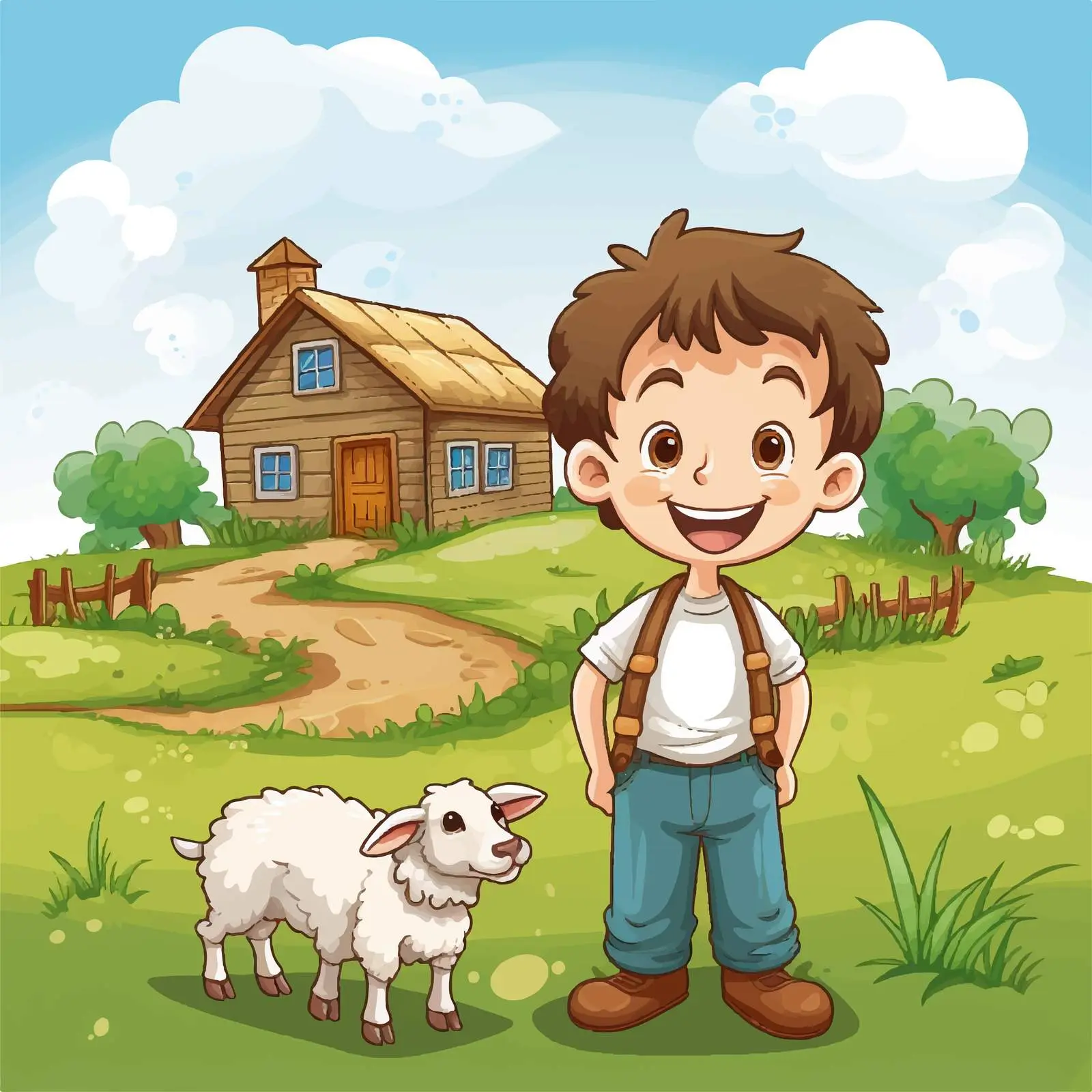 Smiling Boy with Sheep Near Rural House — free download from Dotvec