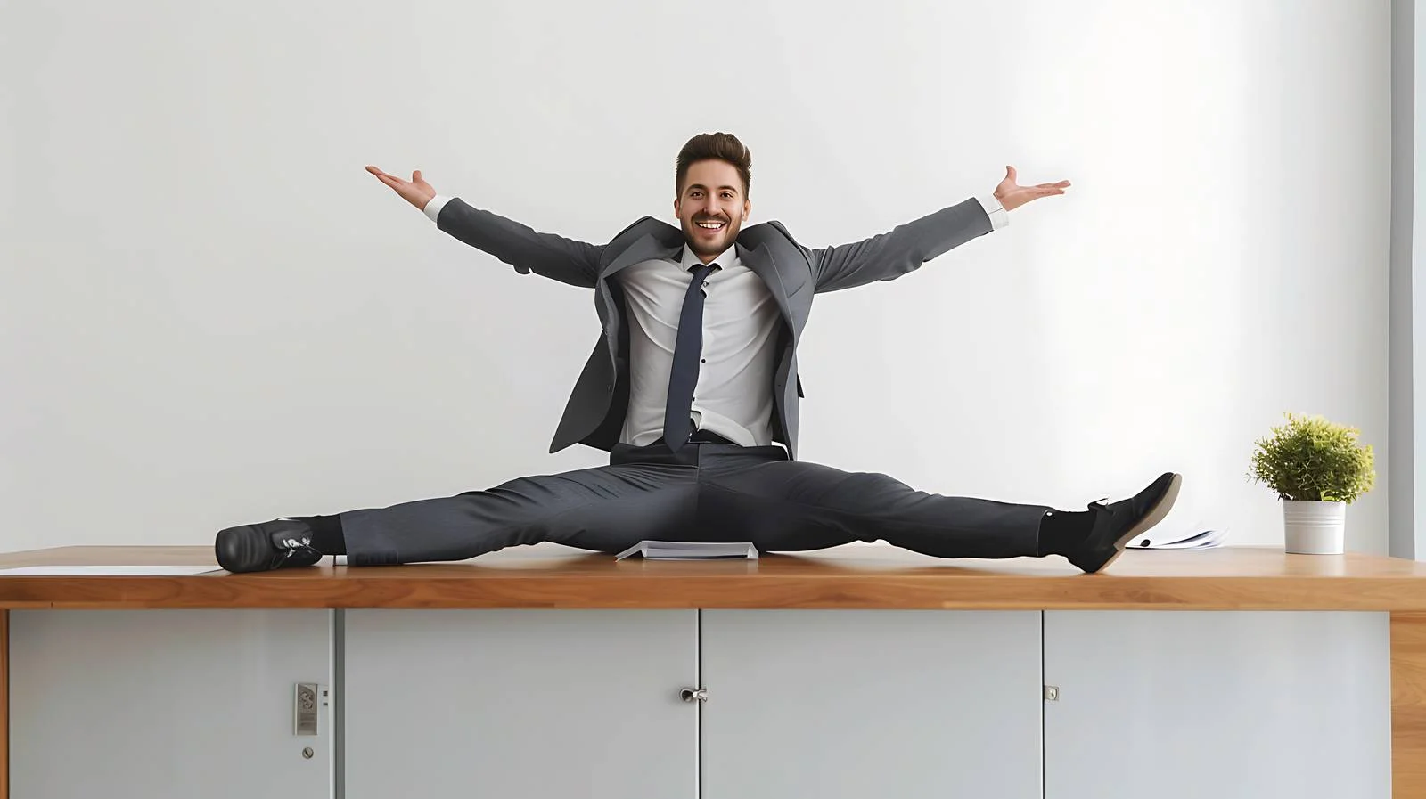 Cheerful Businessman Splits Reception Pose — free download from Dotvec