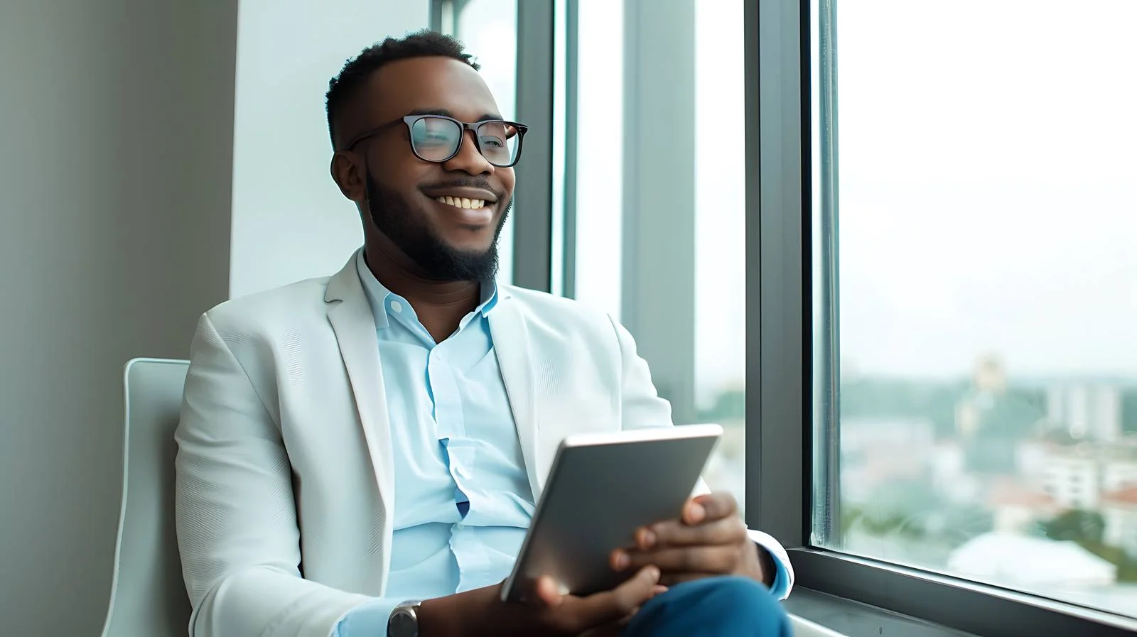 Businessman Using Tablet by Window — free download from Dotvec