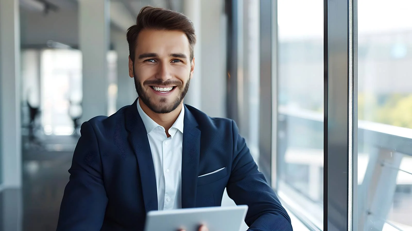 Happy Businessman Window Tablet Use — free download from Dotvec