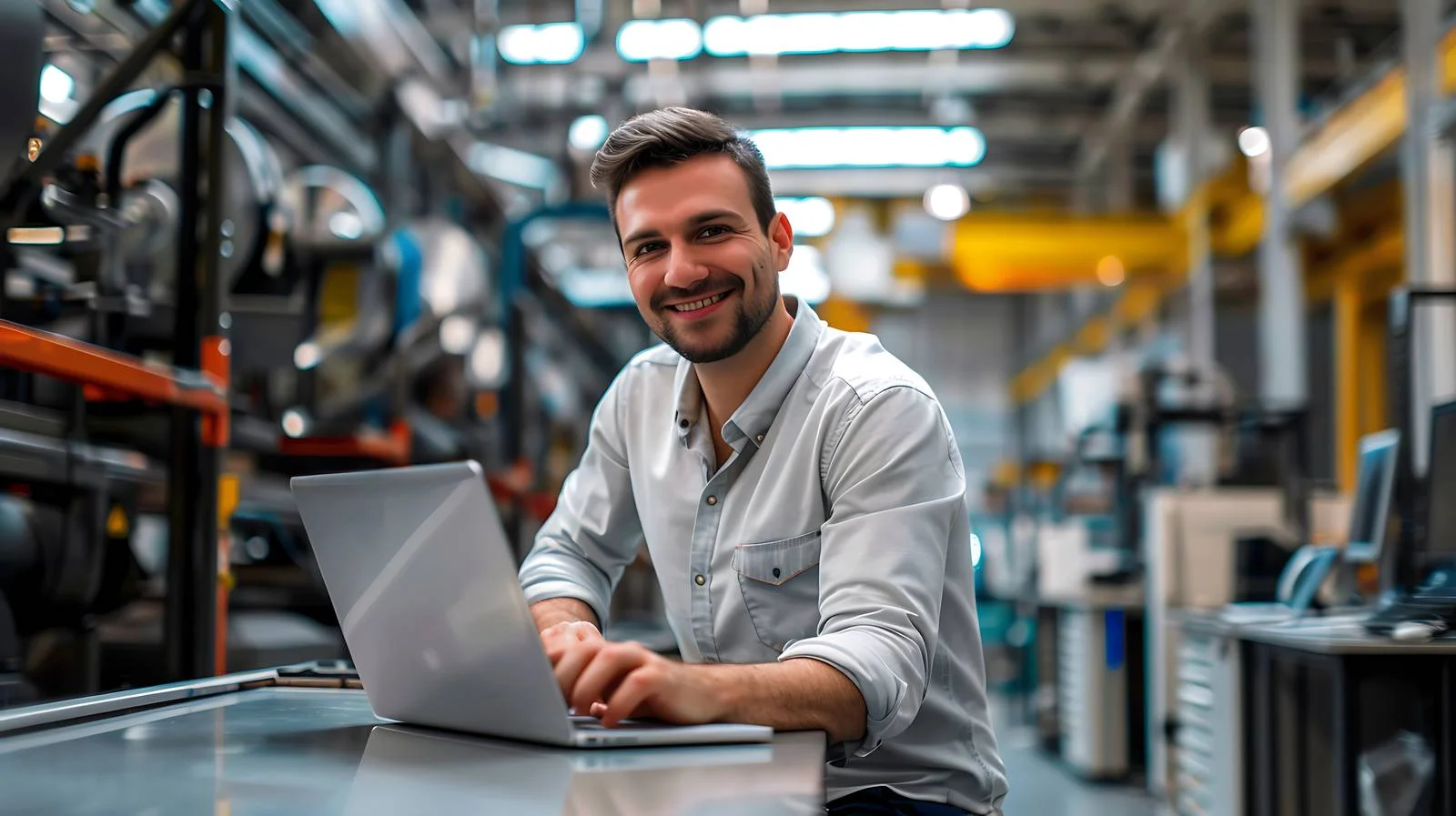 Businessman with Laptop in Factory — free download from Dotvec