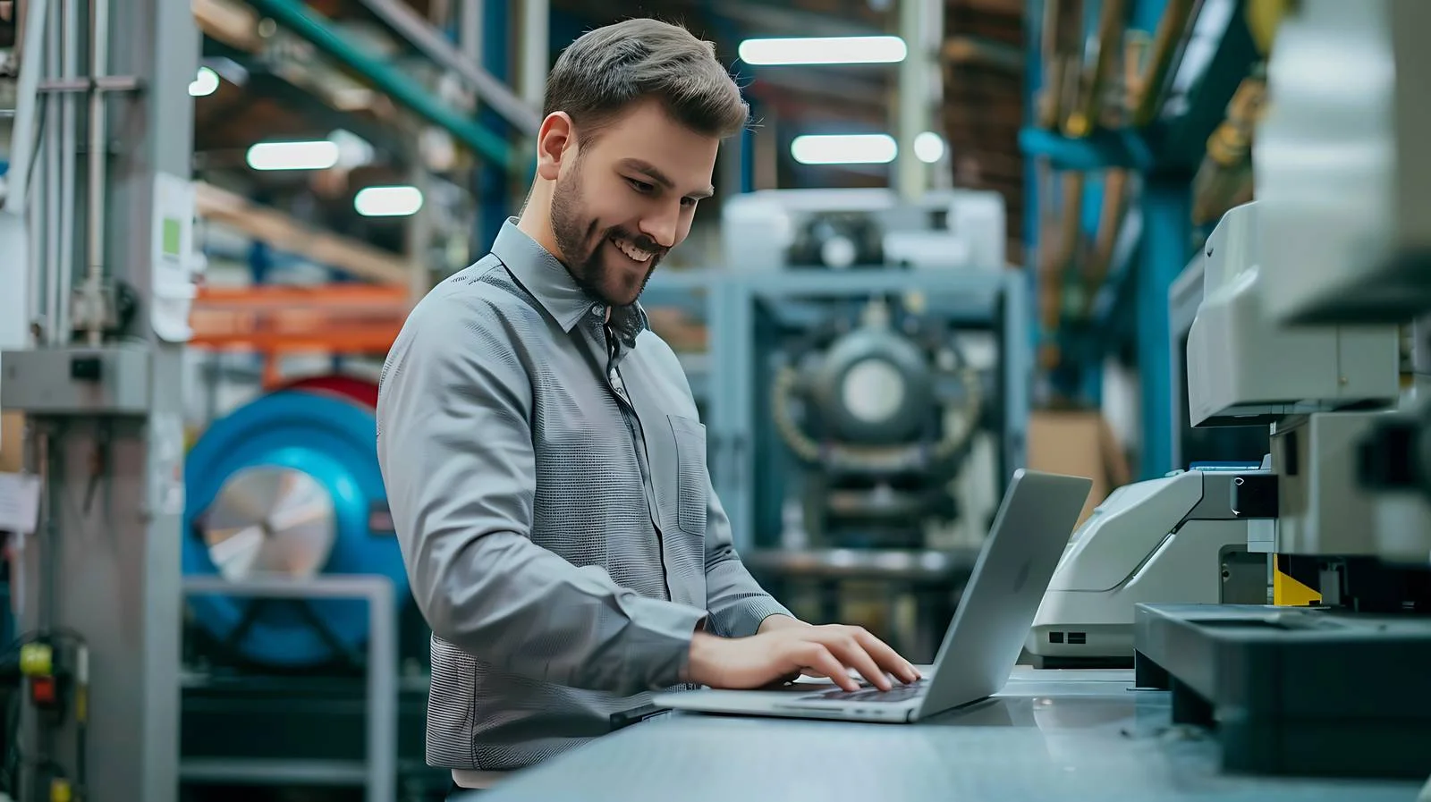 Businessman with laptop in factory setting — free download from Dotvec