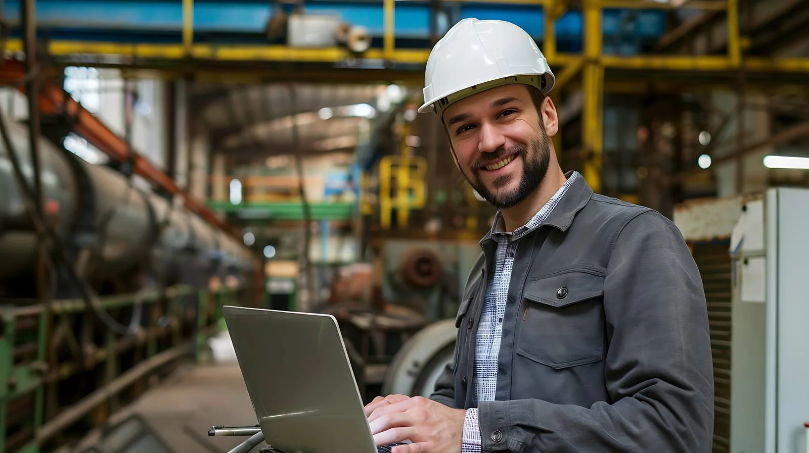Cheerful executive with laptop in industrial setting — free download from Dotvec