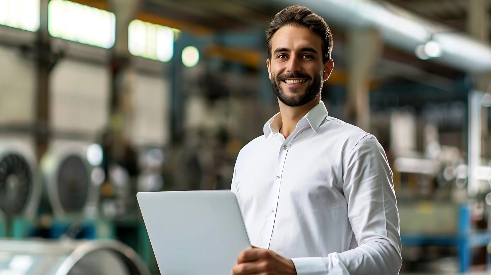 Businessman in Factory Using Laptop — free download from Dotvec