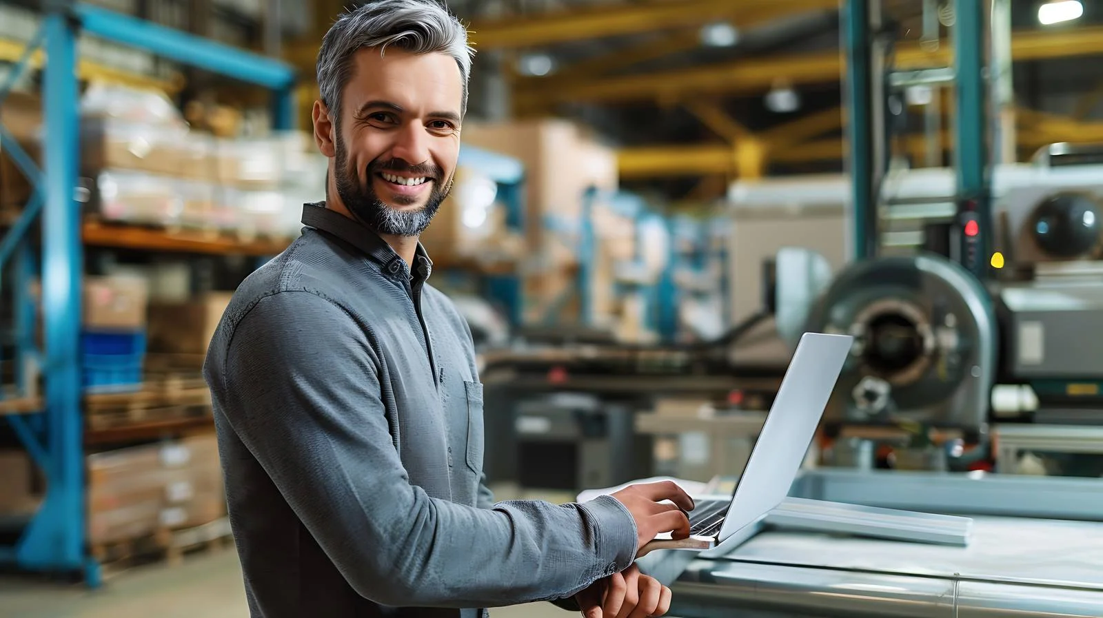 Manager with laptop in factory setting — free download from Dotvec