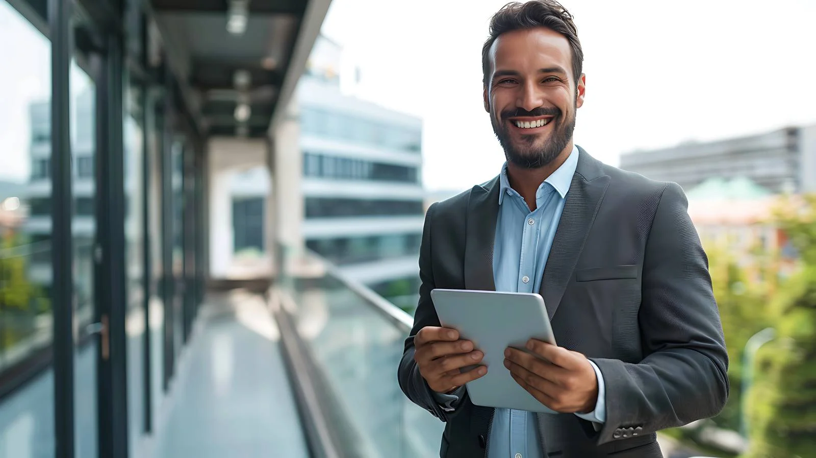 Happy Businessman on Balcony with Tablet — free download from Dotvec
