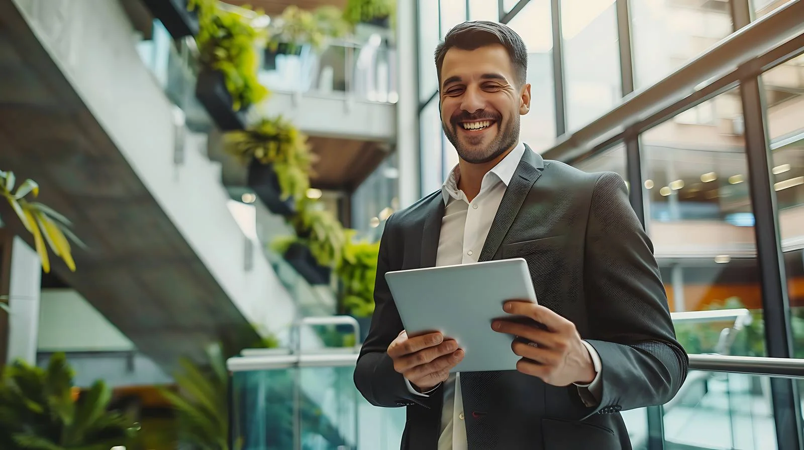 Professional Businessman on Balcony with Tablet — free download from Dotvec
