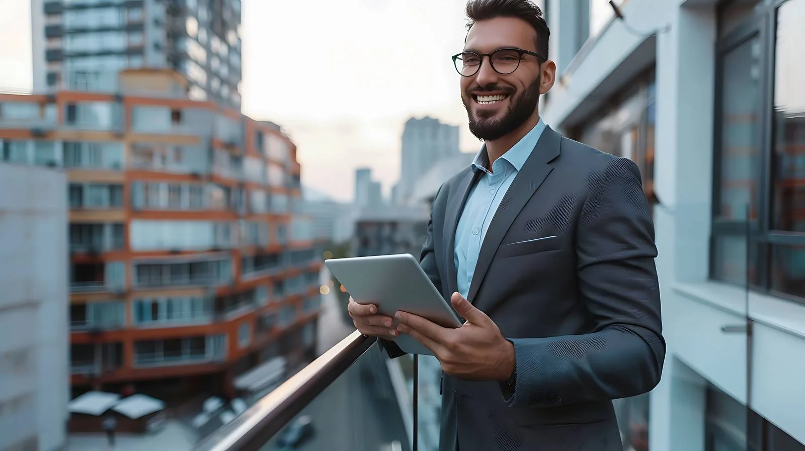Businessman Balcony Tablet Connection City — free download from Dotvec