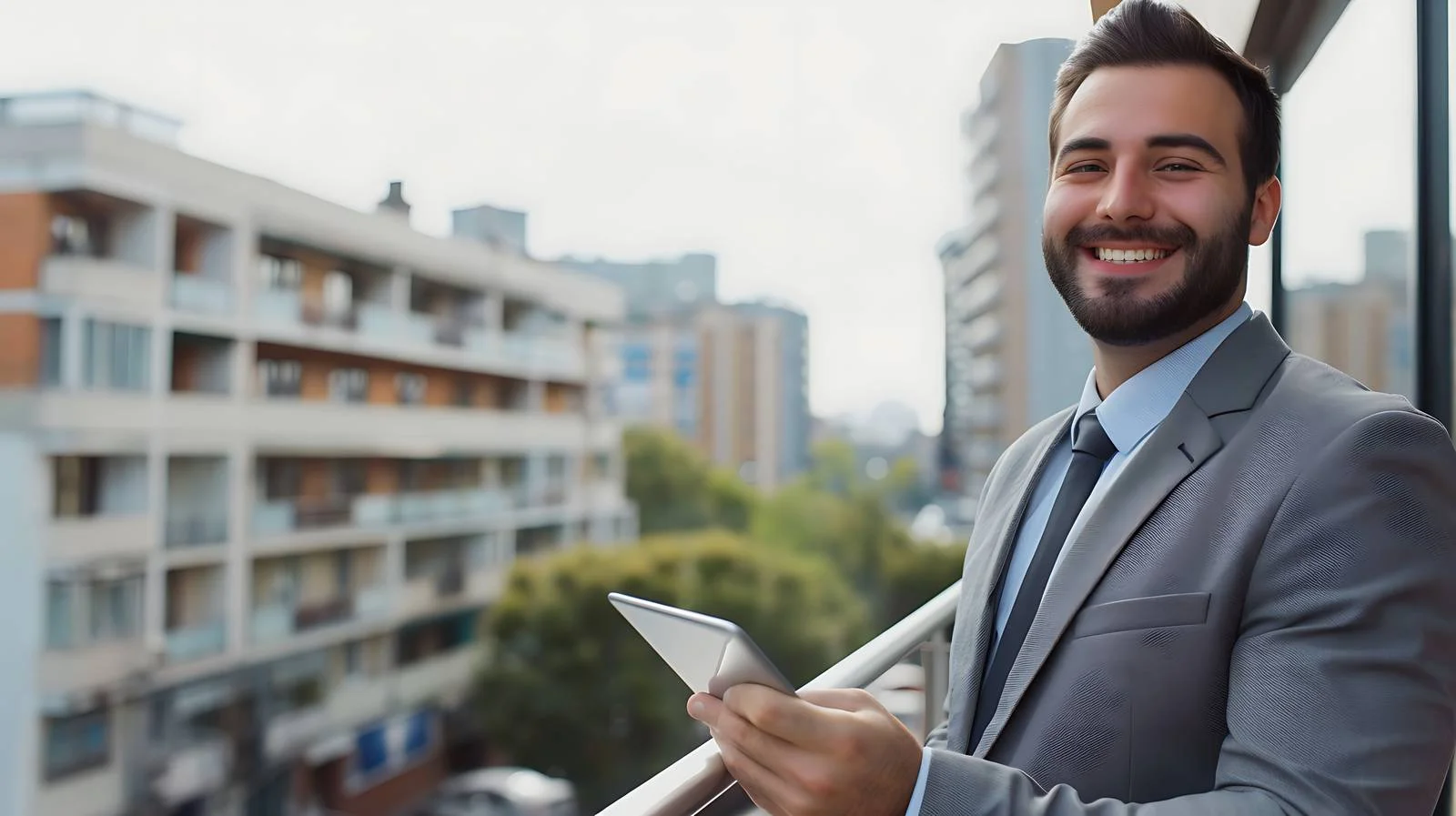 Executive City Balcony Tablet Smiling — free download from Dotvec