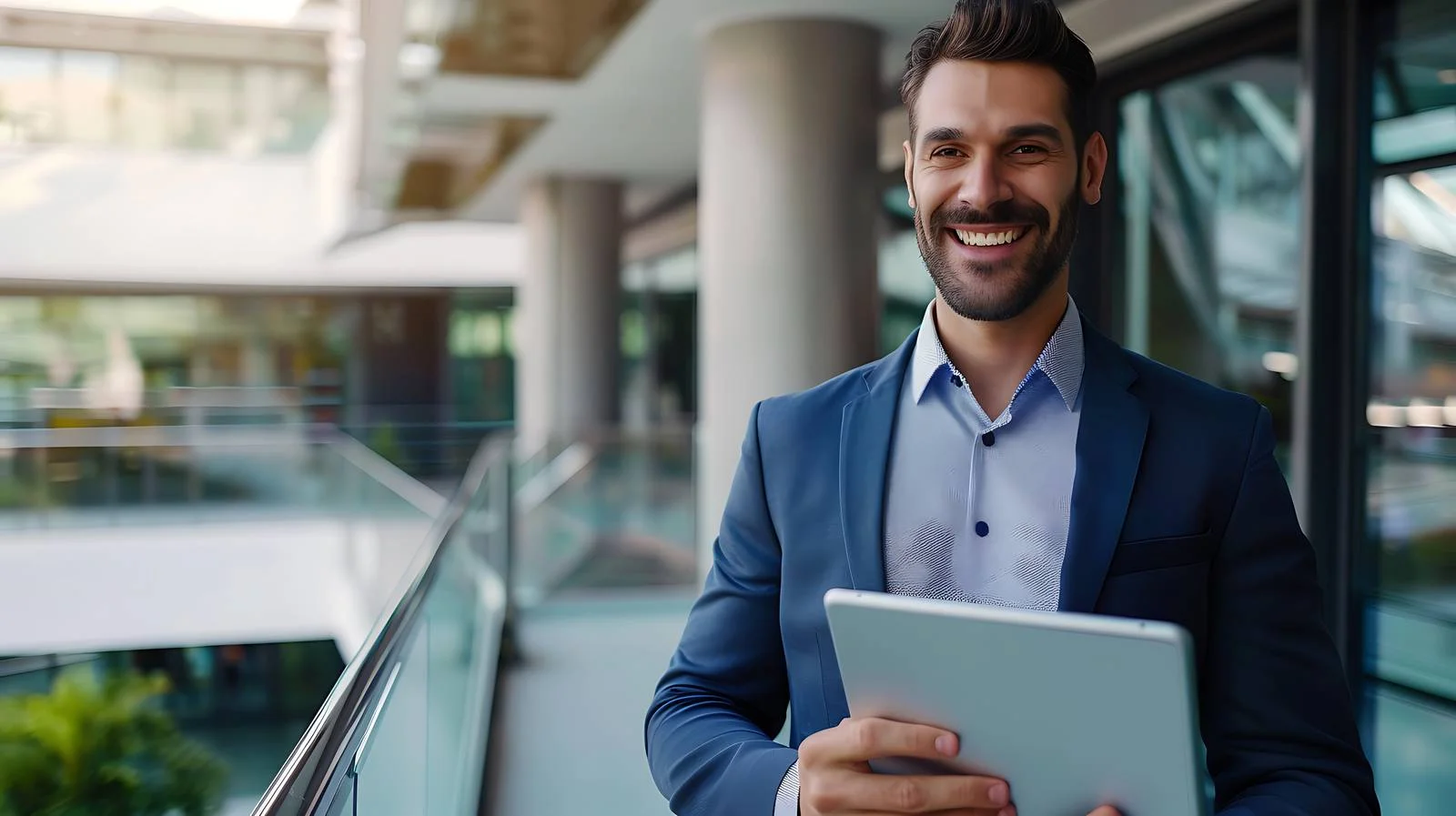 Successful Businessman on Urban Balcony with Tablet — free download from Dotvec