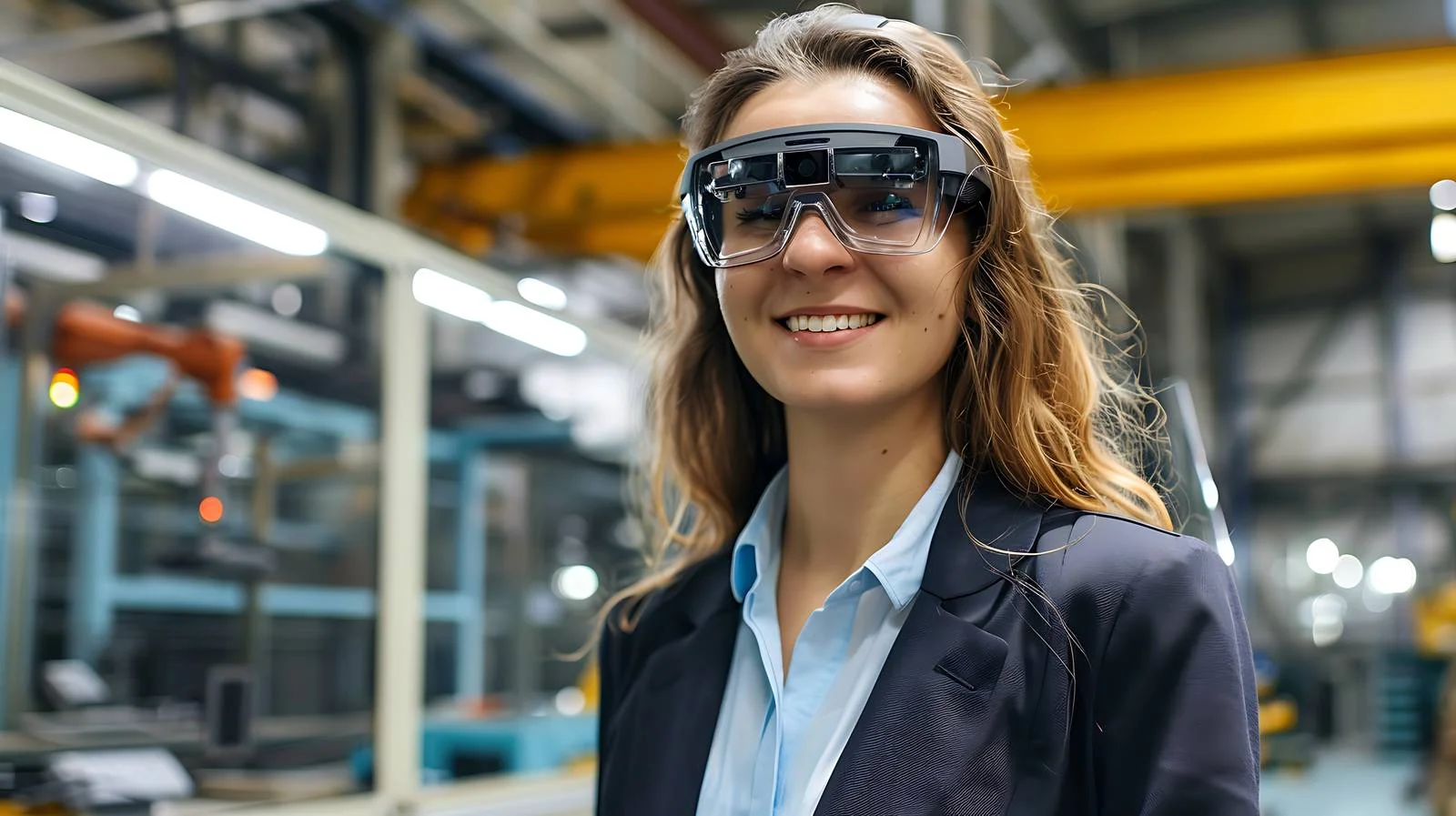 Joyful businesswoman with AR glasses indoors — free download from Dotvec