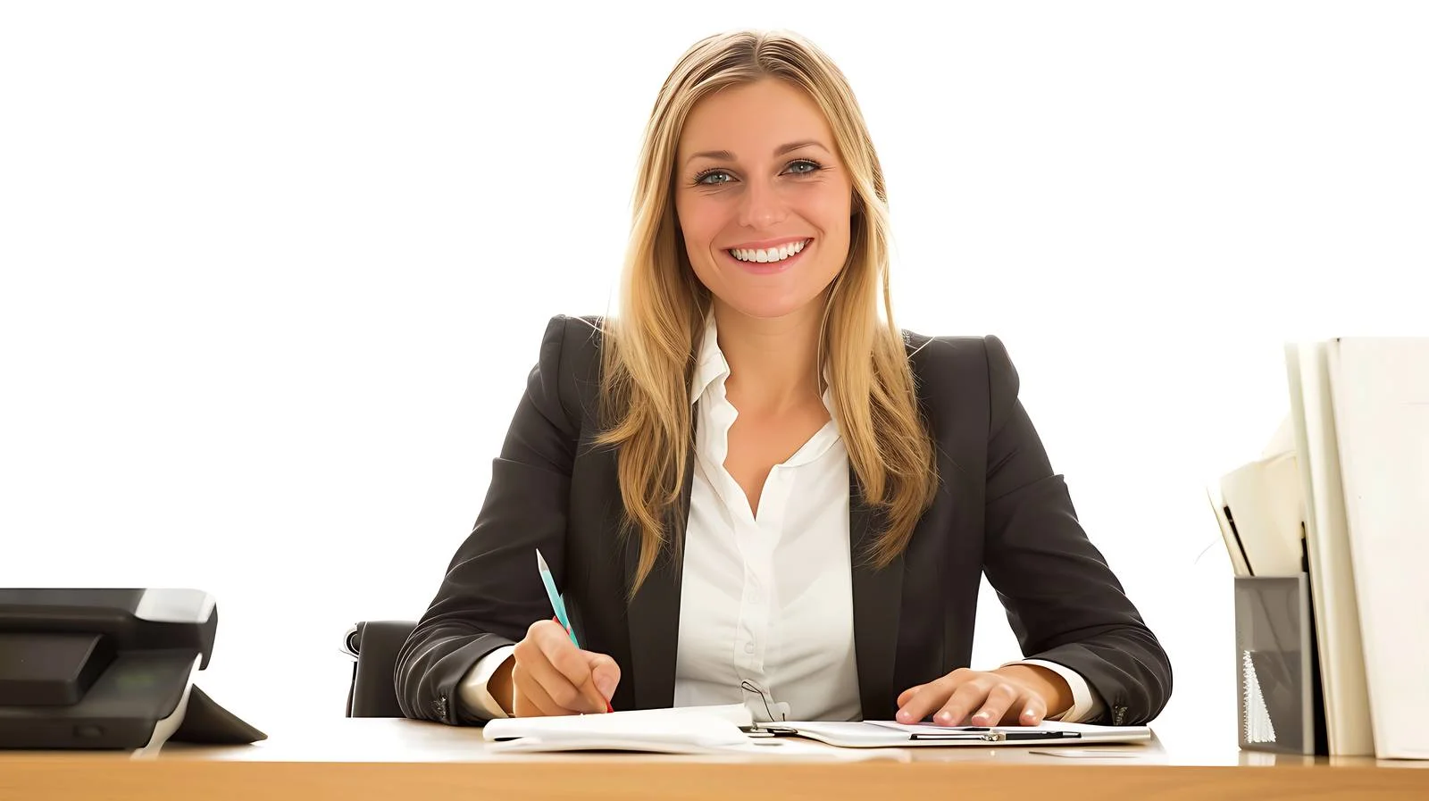 Cheerful Businesswoman Office Desk Isolated — free download from Dotvec