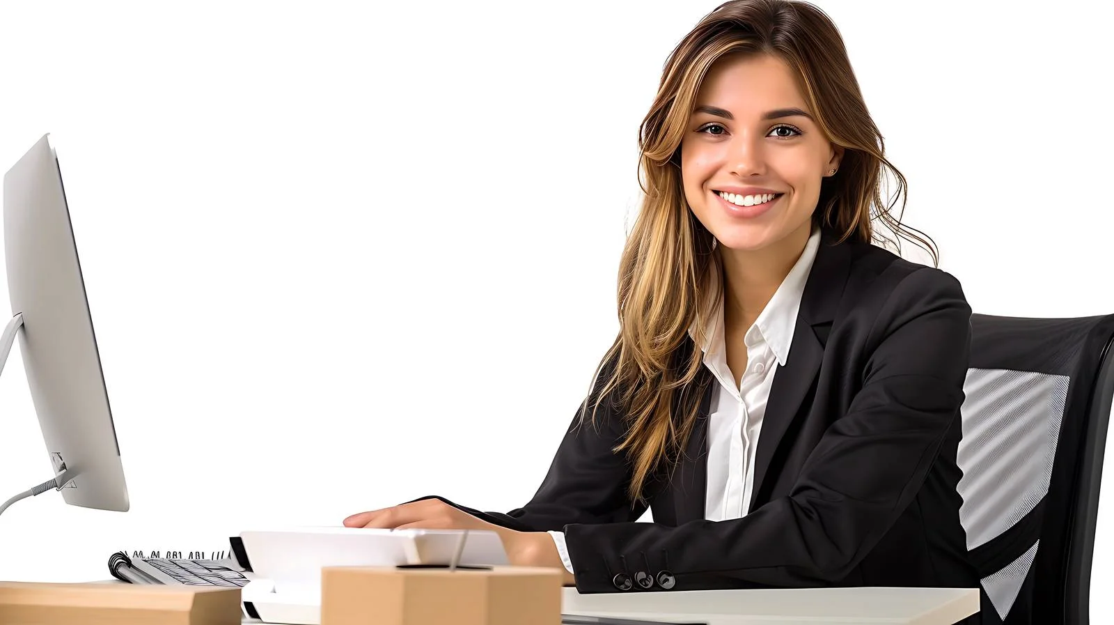 Happy Businesswoman at Desk in Office — free download from Dotvec
