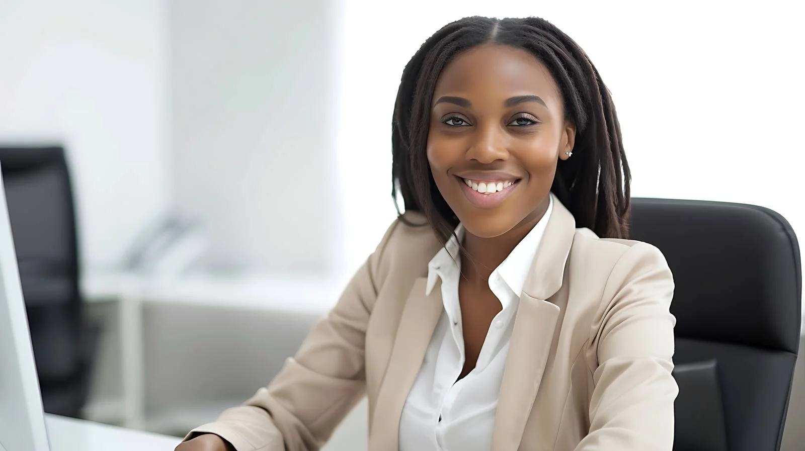 Happy Businesswoman at Office Desk — free download from Dotvec