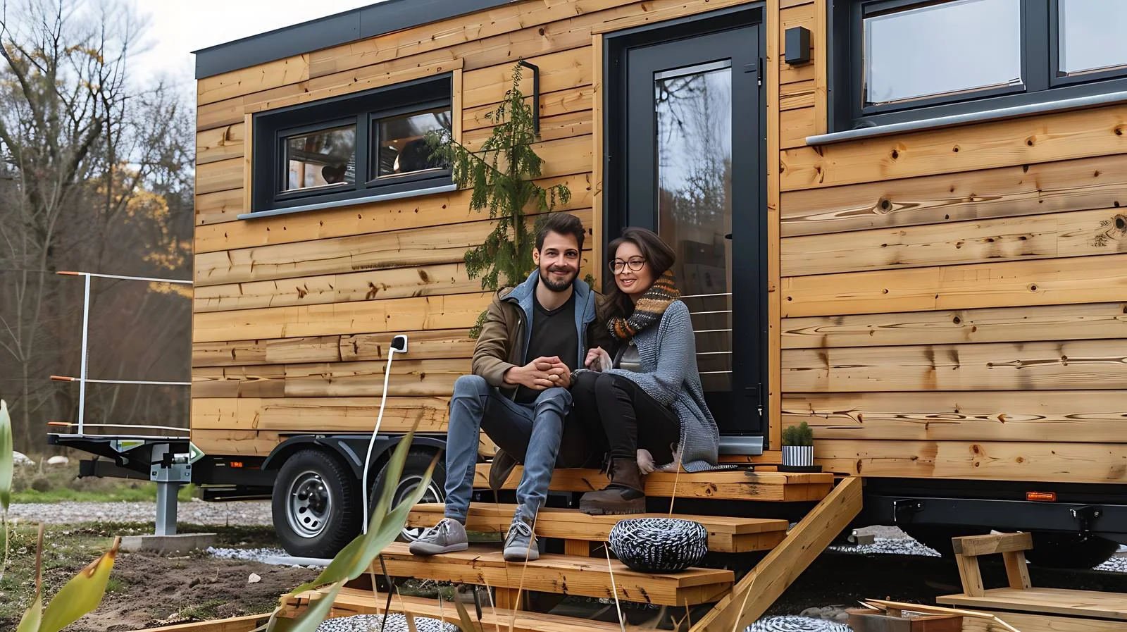 Happy Couple Outside Tiny House — free download from Dotvec