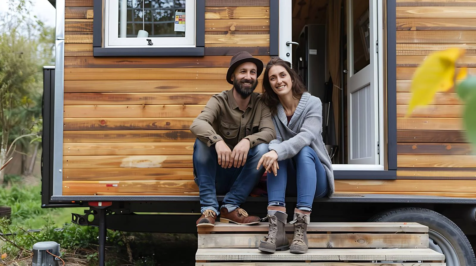 Happy Couple Outside Tiny House — free download from Dotvec