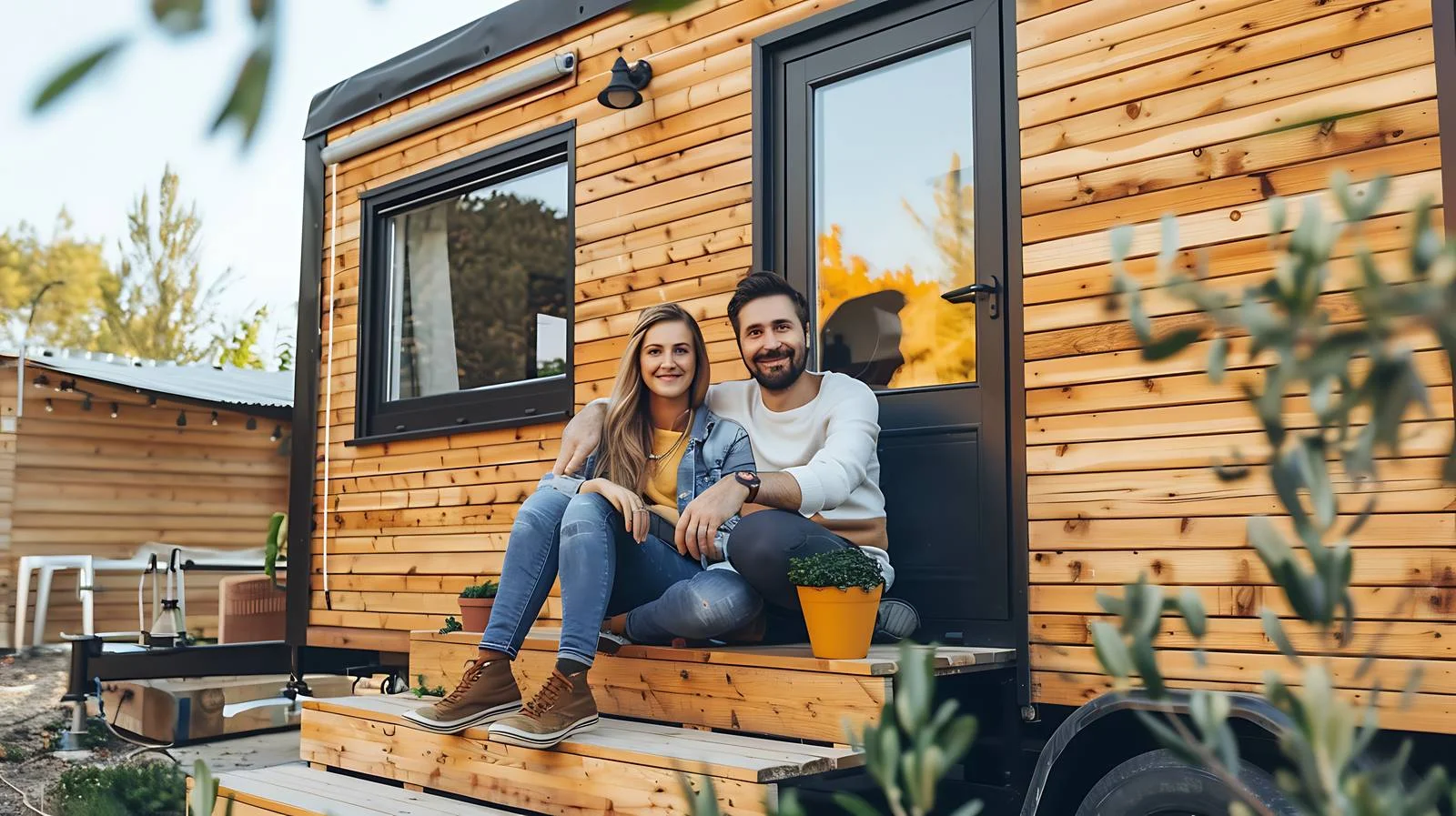 Happy Couple Relaxing Outside Tiny Home — free download from Dotvec