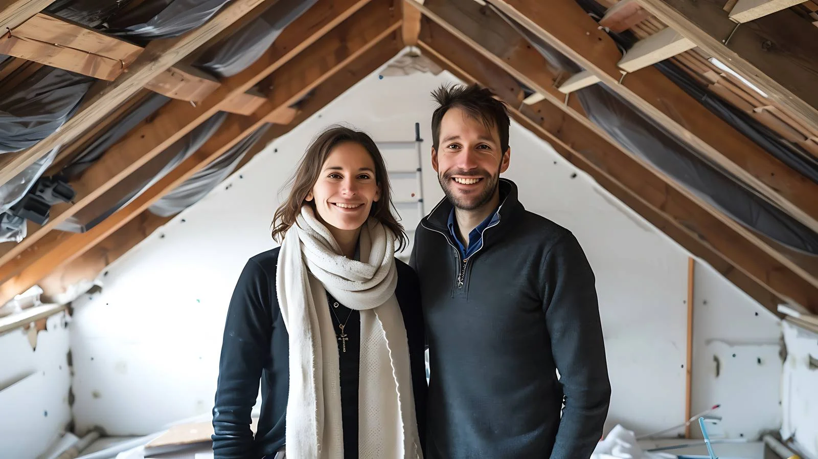 Happy Couple in Attic Ready for Renovation — free download from Dotvec