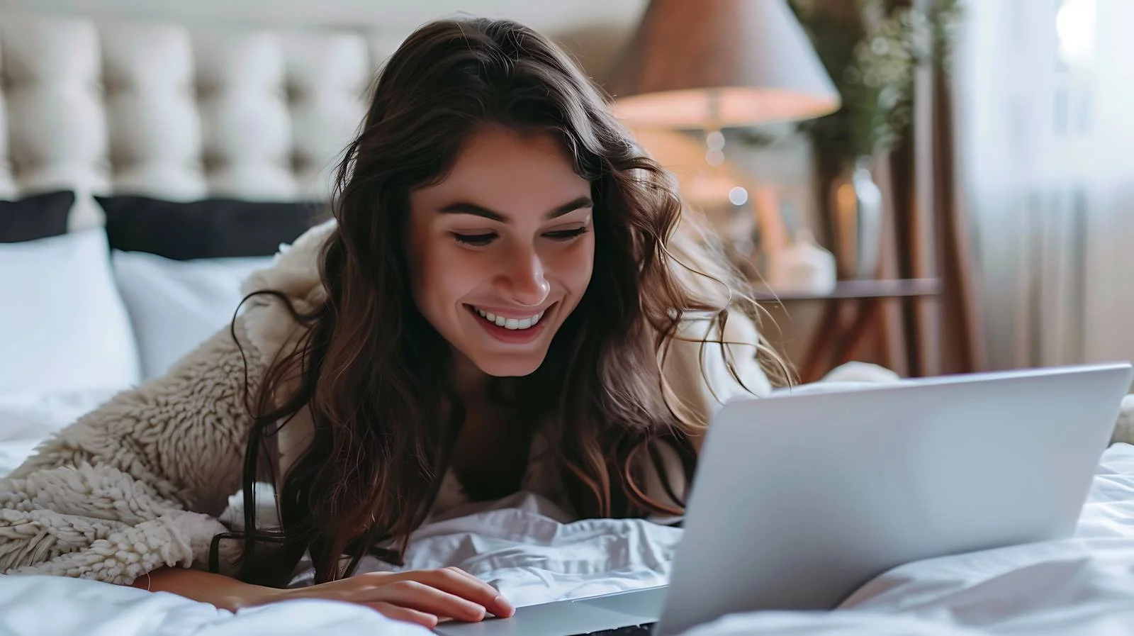 Joyful girl with laptop on bed — free download from Dotvec