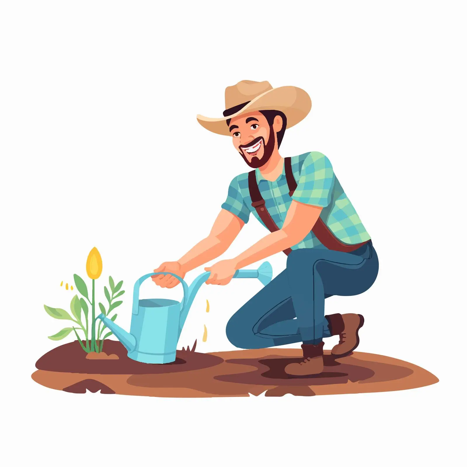 Smiling Male Farmer Watering Seedbed Illustration — free download from Dotvec