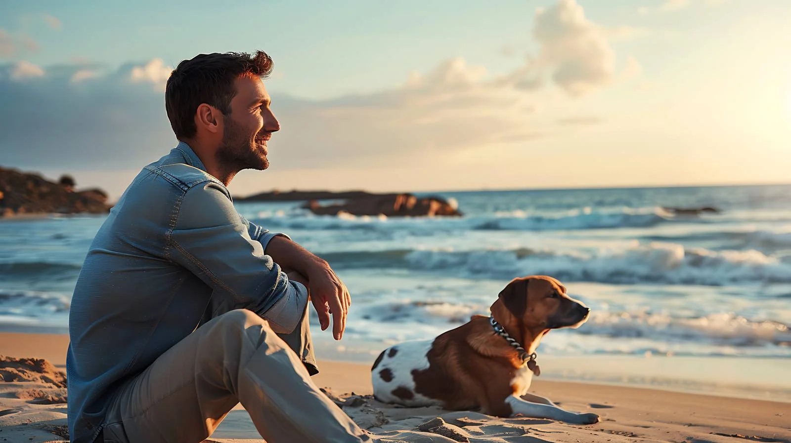 Man bonding with dog at beach — free download from Dotvec