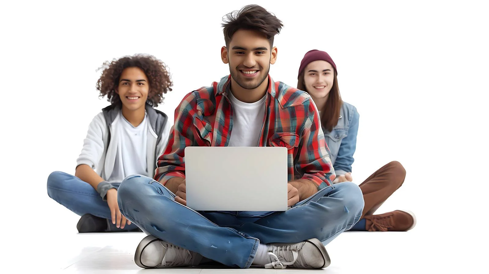 Happy man using laptop with friend — free download from Dotvec