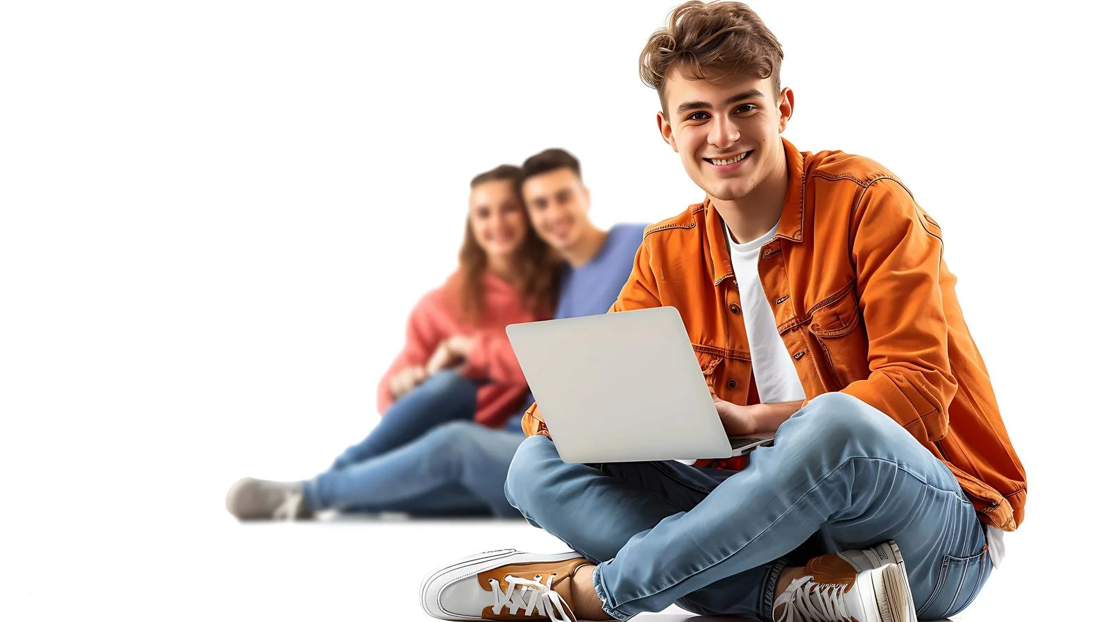 Happy Man Using Laptop with Friend — free download from Dotvec