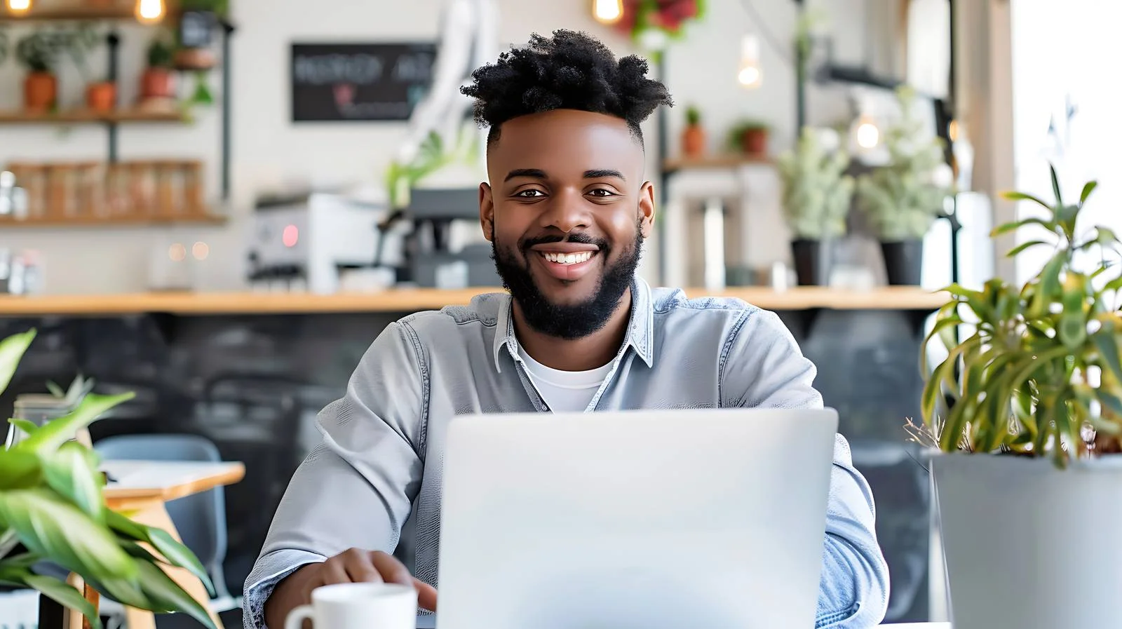 Man Working on Laptop in Cafeteria — free download from Dotvec