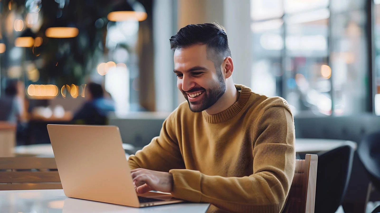 Joyful man working on laptop in café — free download from Dotvec