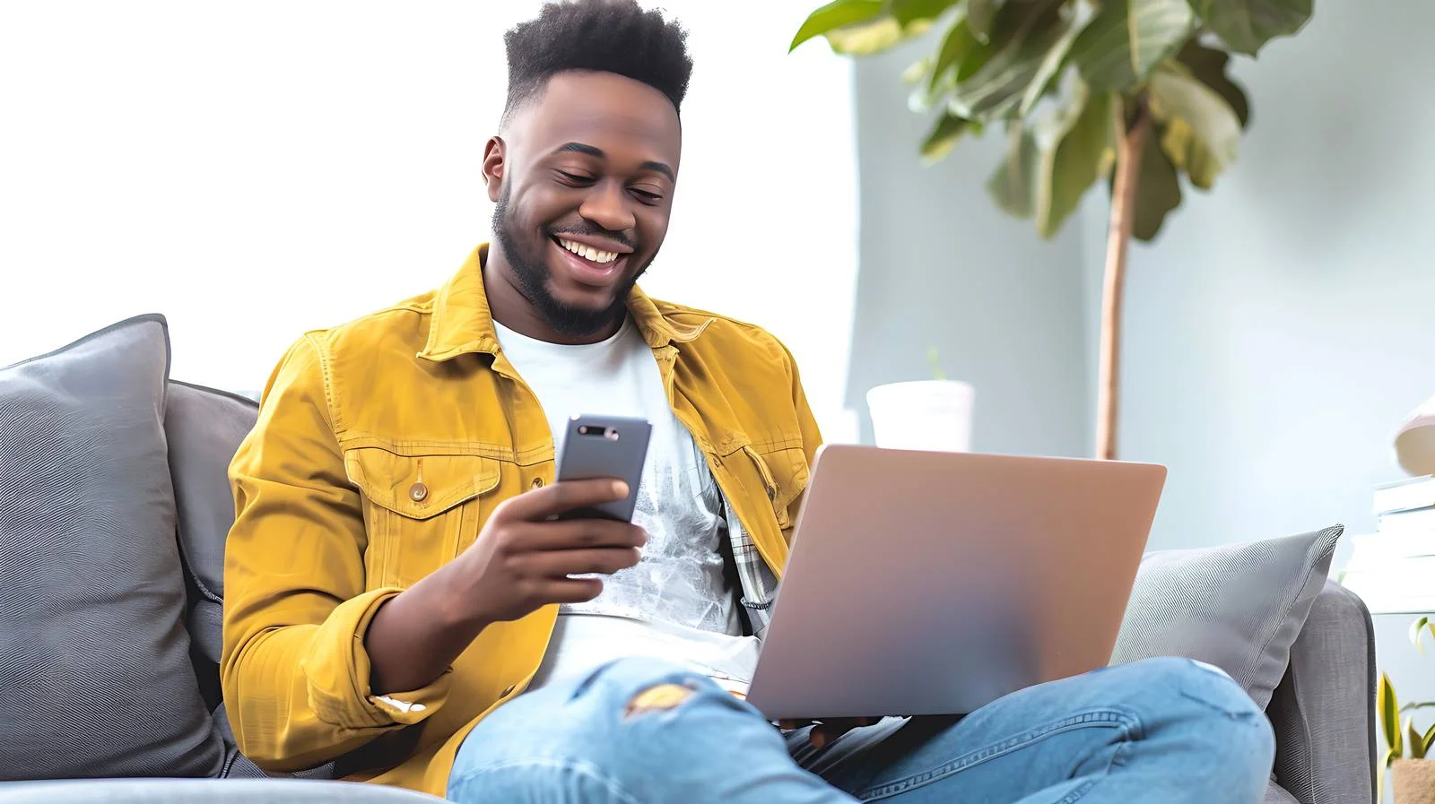 Smiling Man Using Smartphone Sitting — free download from Dotvec