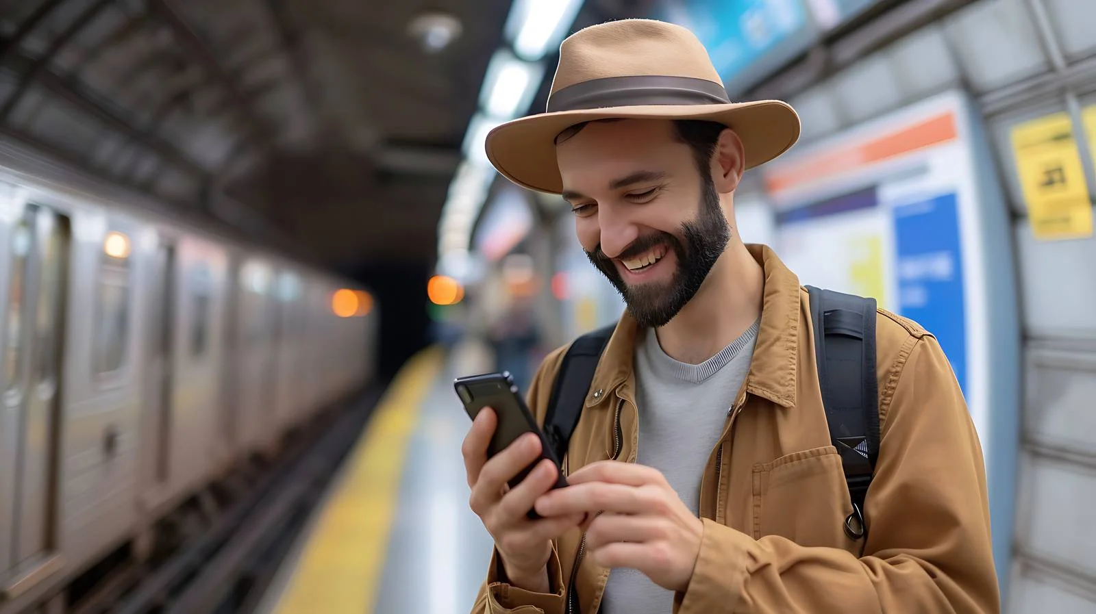 Man using smartphone in subway station — free download from Dotvec