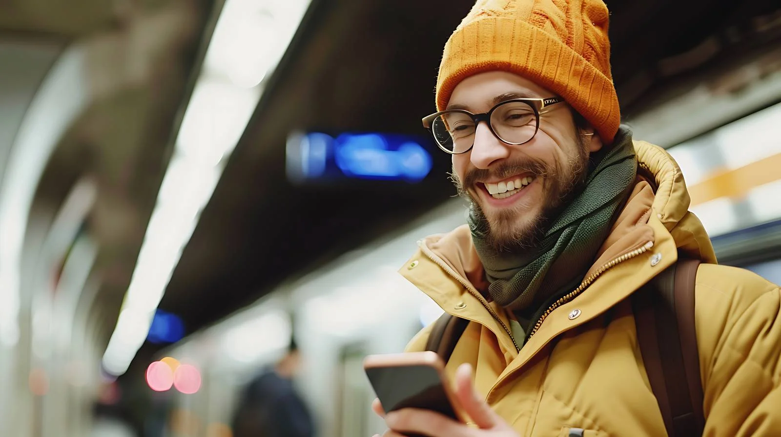 Happy commuter multitasking in subway station — free download from Dotvec