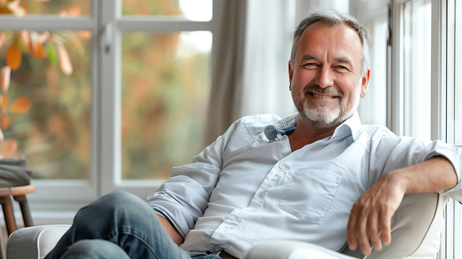 Content Mature Man Relaxing by Window — free download from Dotvec