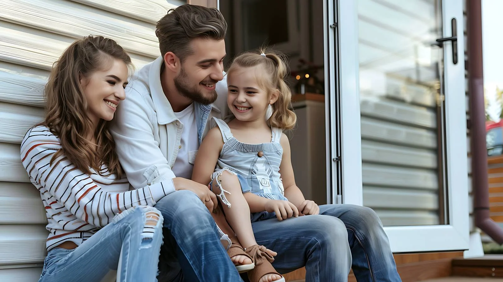 Happy family portrait on outdoor steps — free download from Dotvec