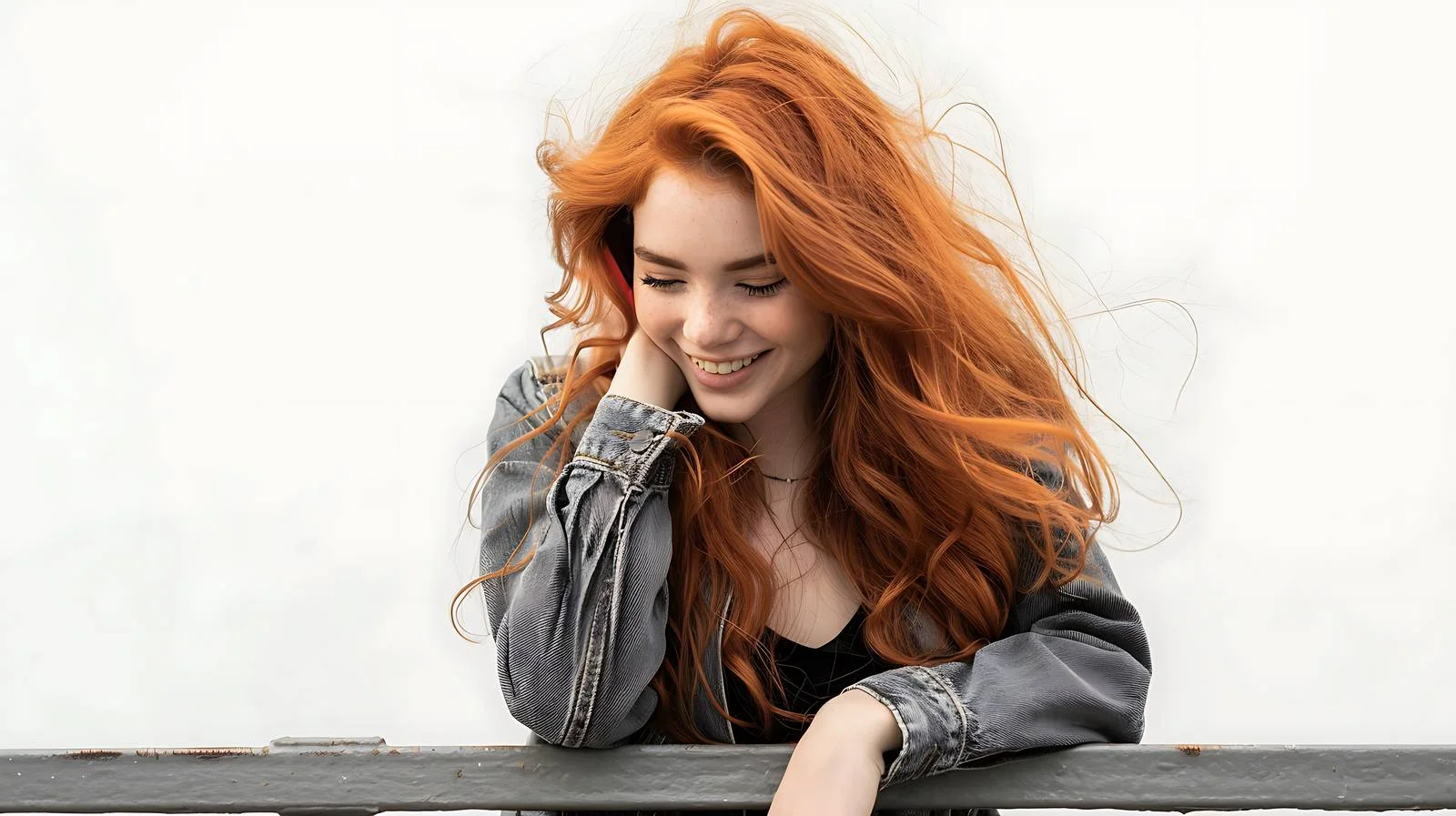 Joyful Redheaded Woman by Railing — free download from Dotvec