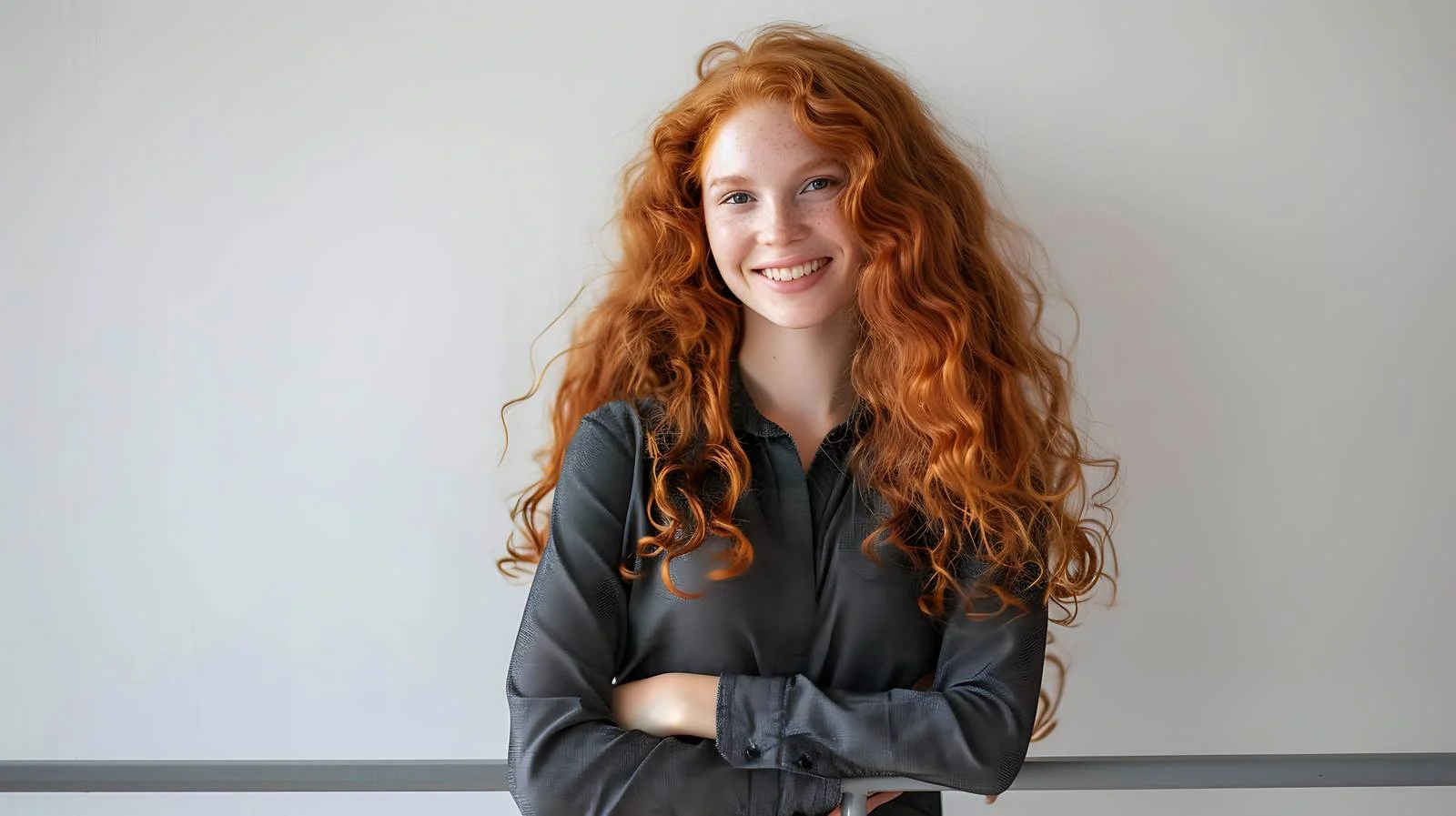 Cheerful Redheaded Woman Leaning on Railing — free download from Dotvec