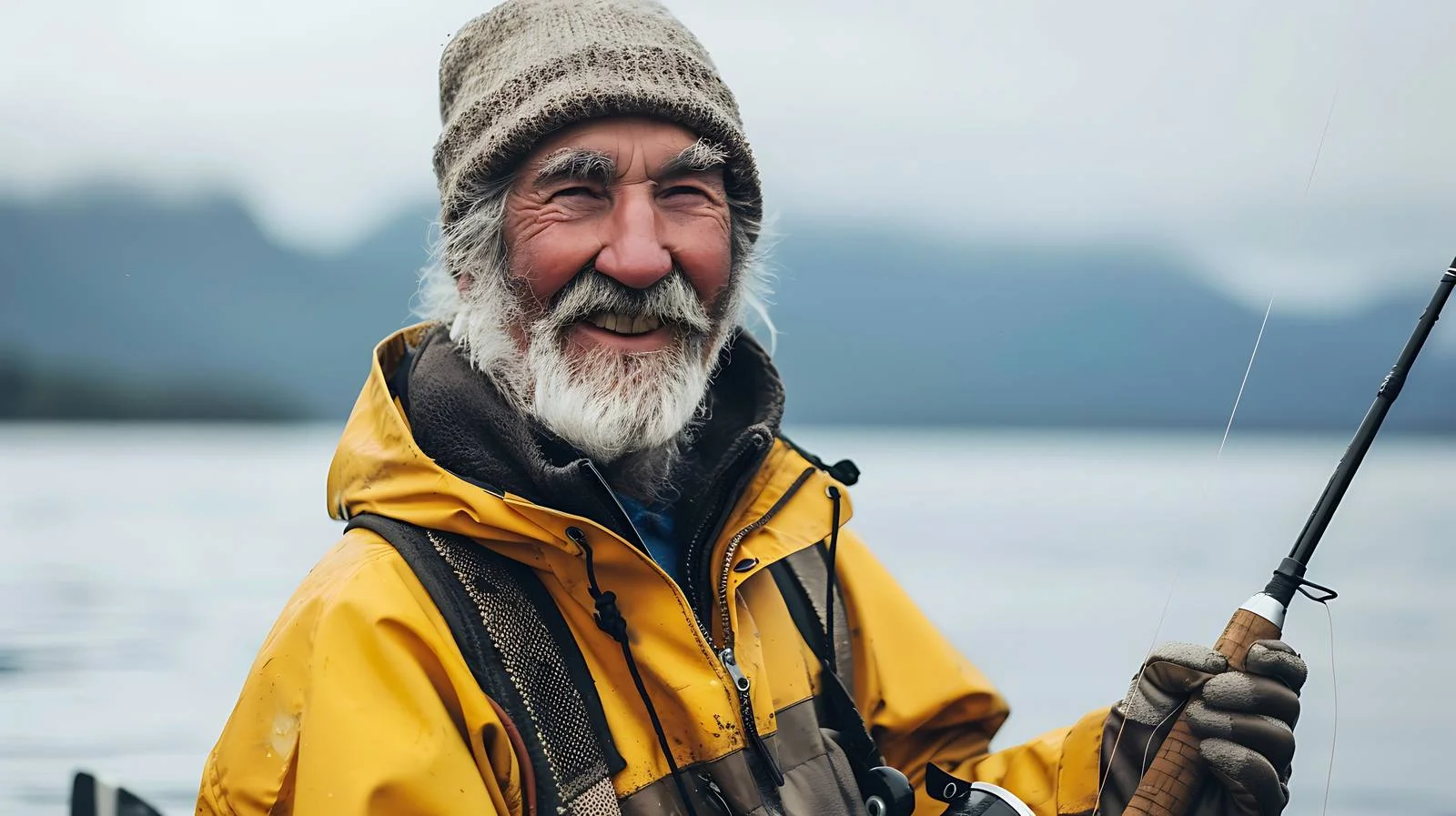 Joyful elderly angler catches salmon at sea — free download from Dotvec