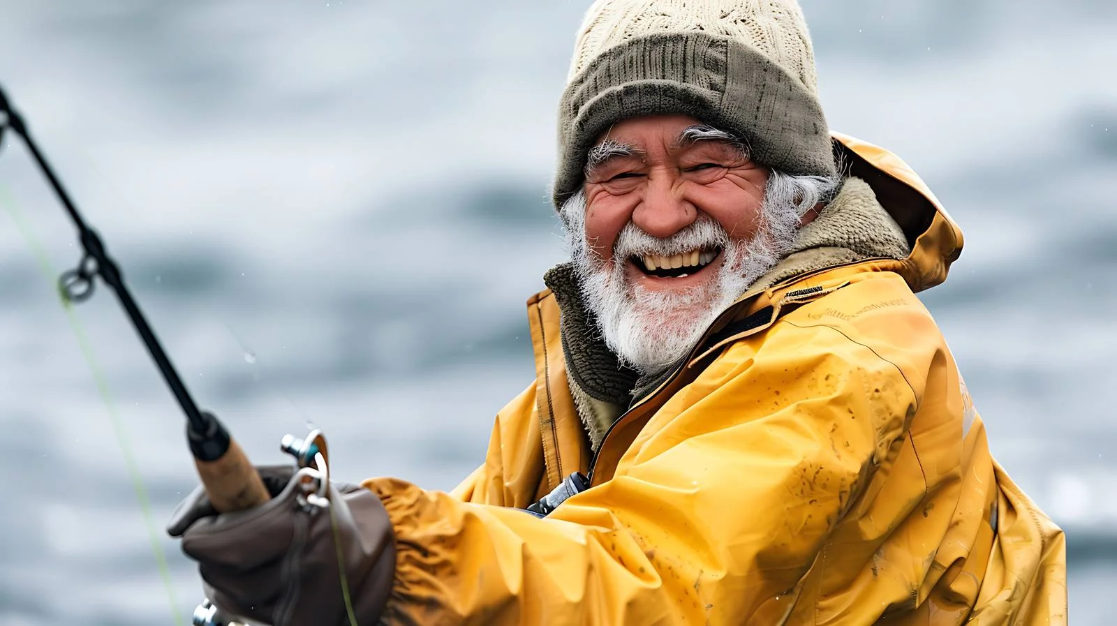 Senior angler happily catches salmon on ocean — free download from Dotvec