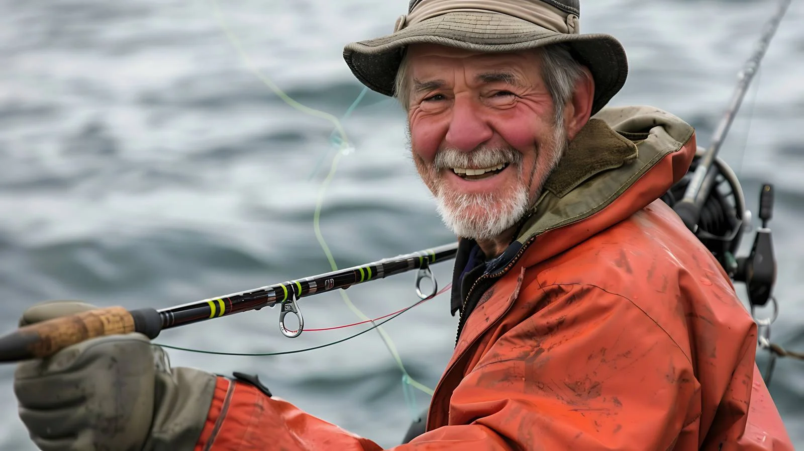 Joyful elderly angler catches salmon at sea — free download from Dotvec
