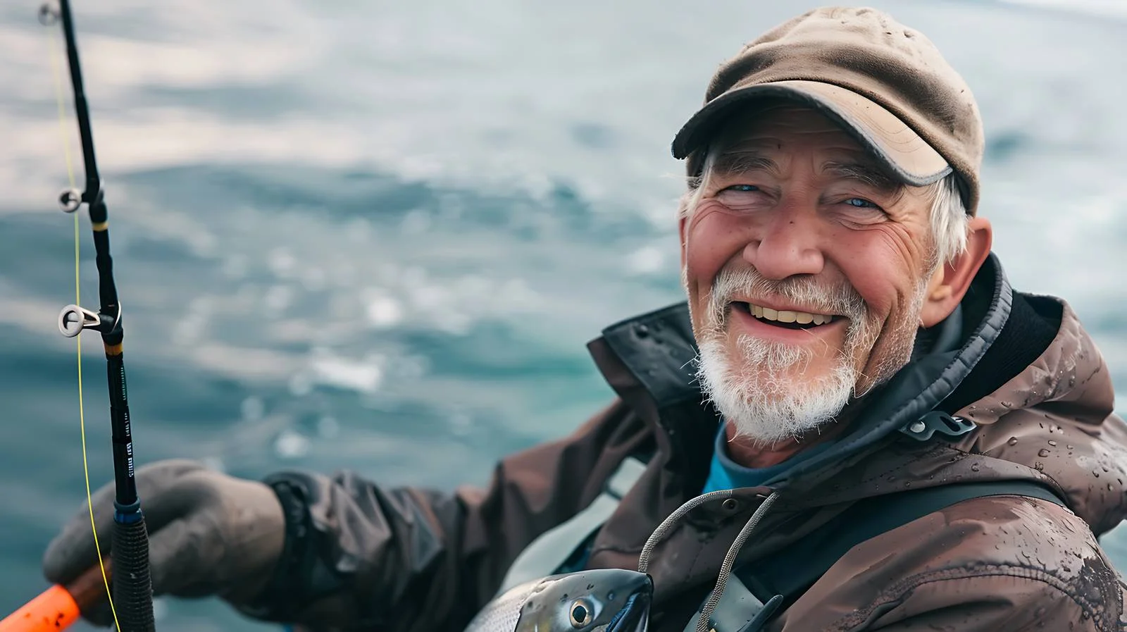 Elderly Angler Cheerfully Catches Salmon at Sea — free download from Dotvec