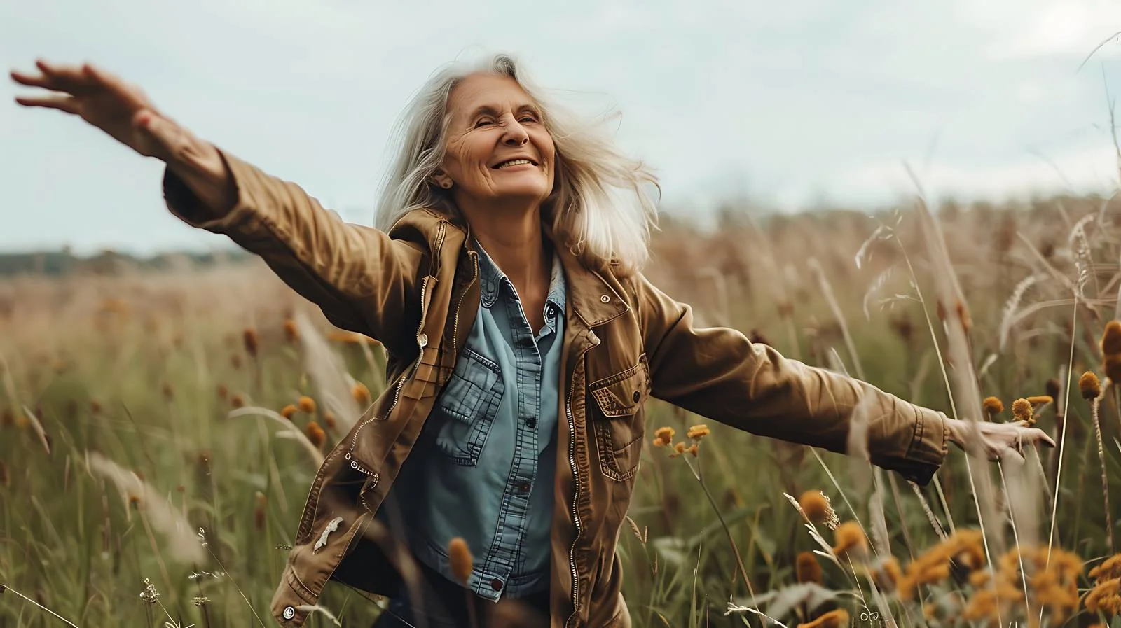 Senior Woman Stretching in Rural Meadow — free download from Dotvec