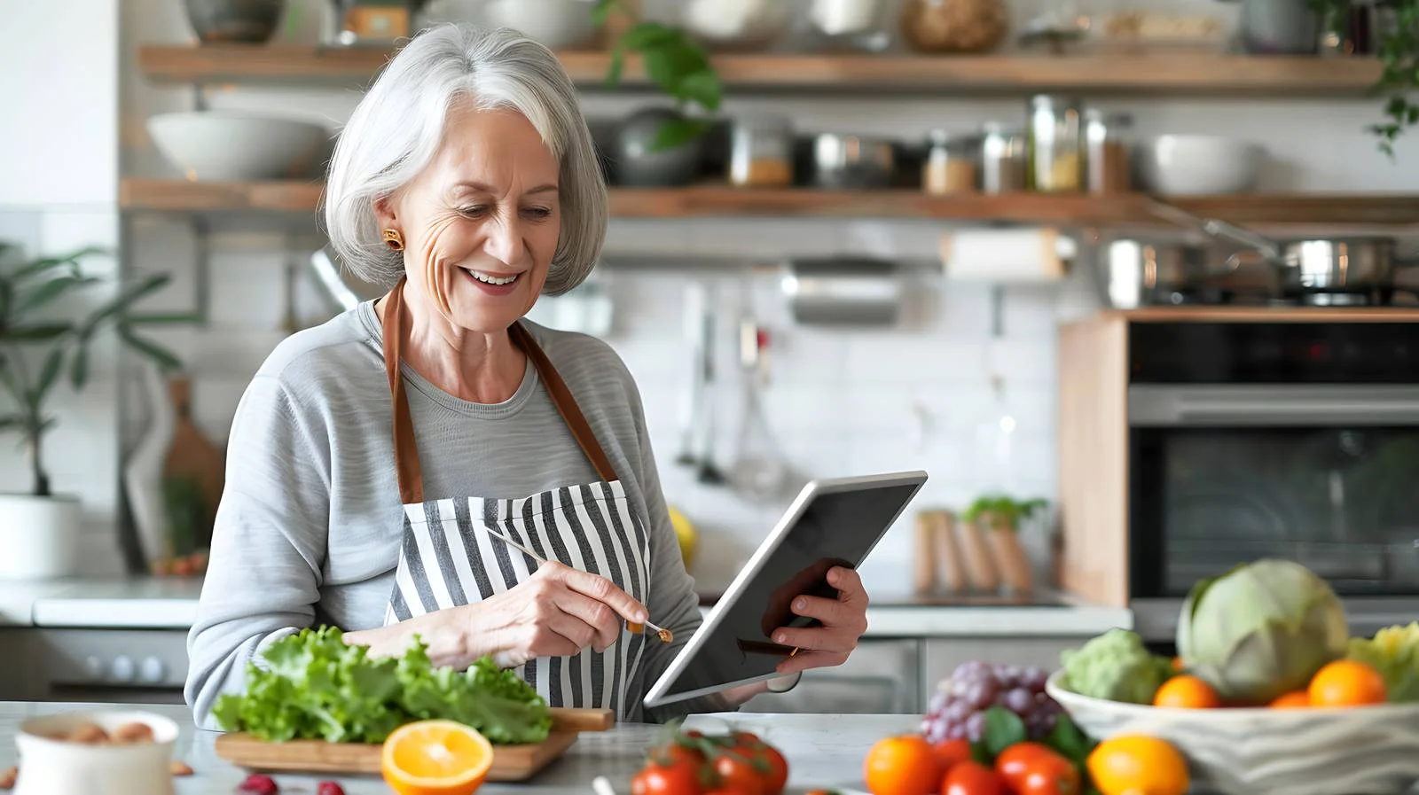 Senior Woman Using Digital Tablet in Kitchen — free download from Dotvec