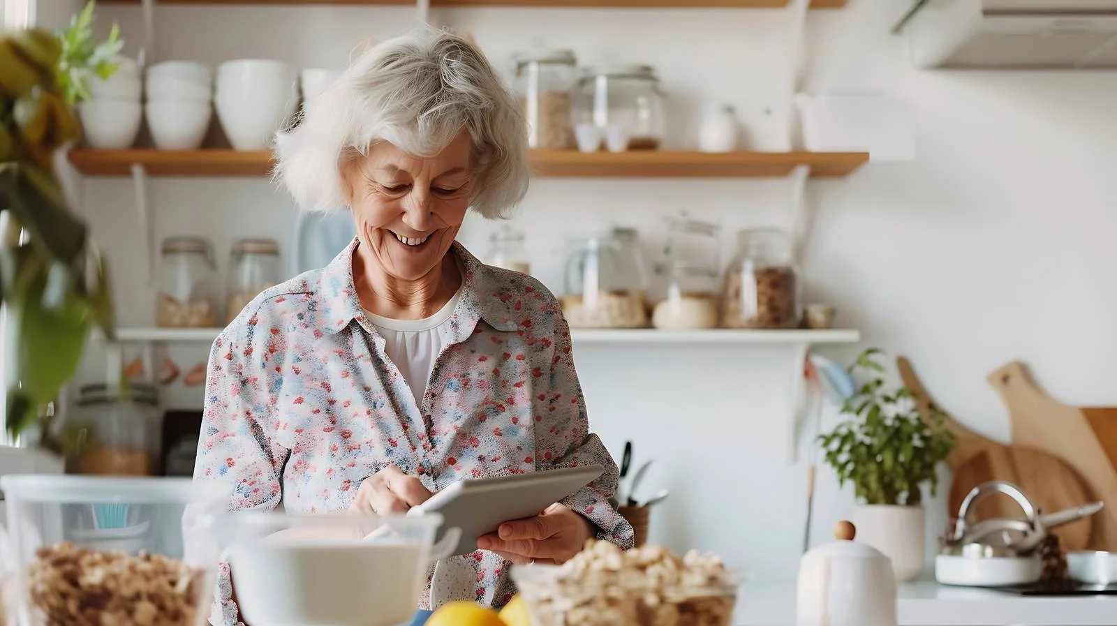 Senior Woman Using Digital Tablet in Kitchen — free download from Dotvec