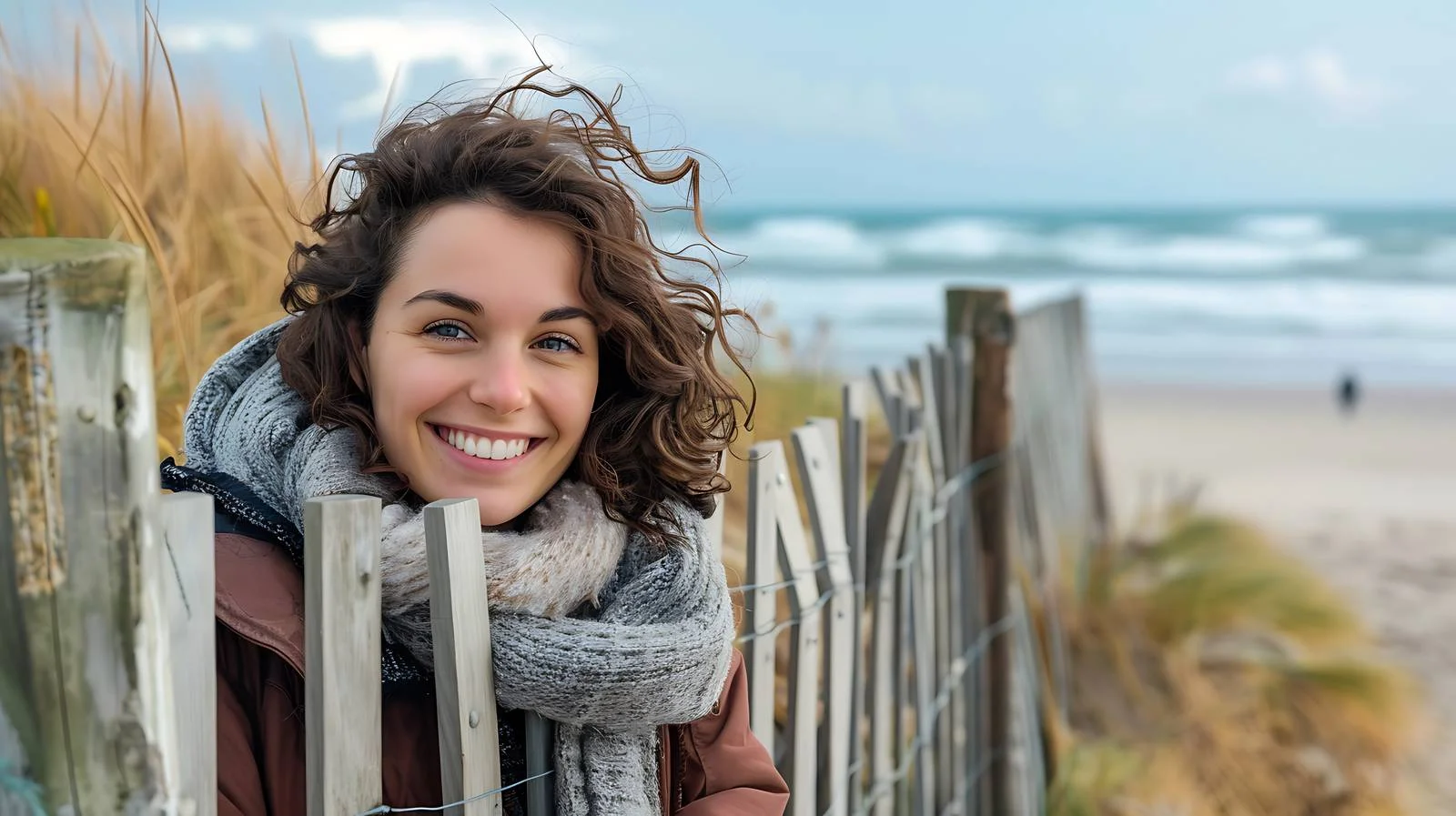 Joyful woman by beach fence — free download from Dotvec