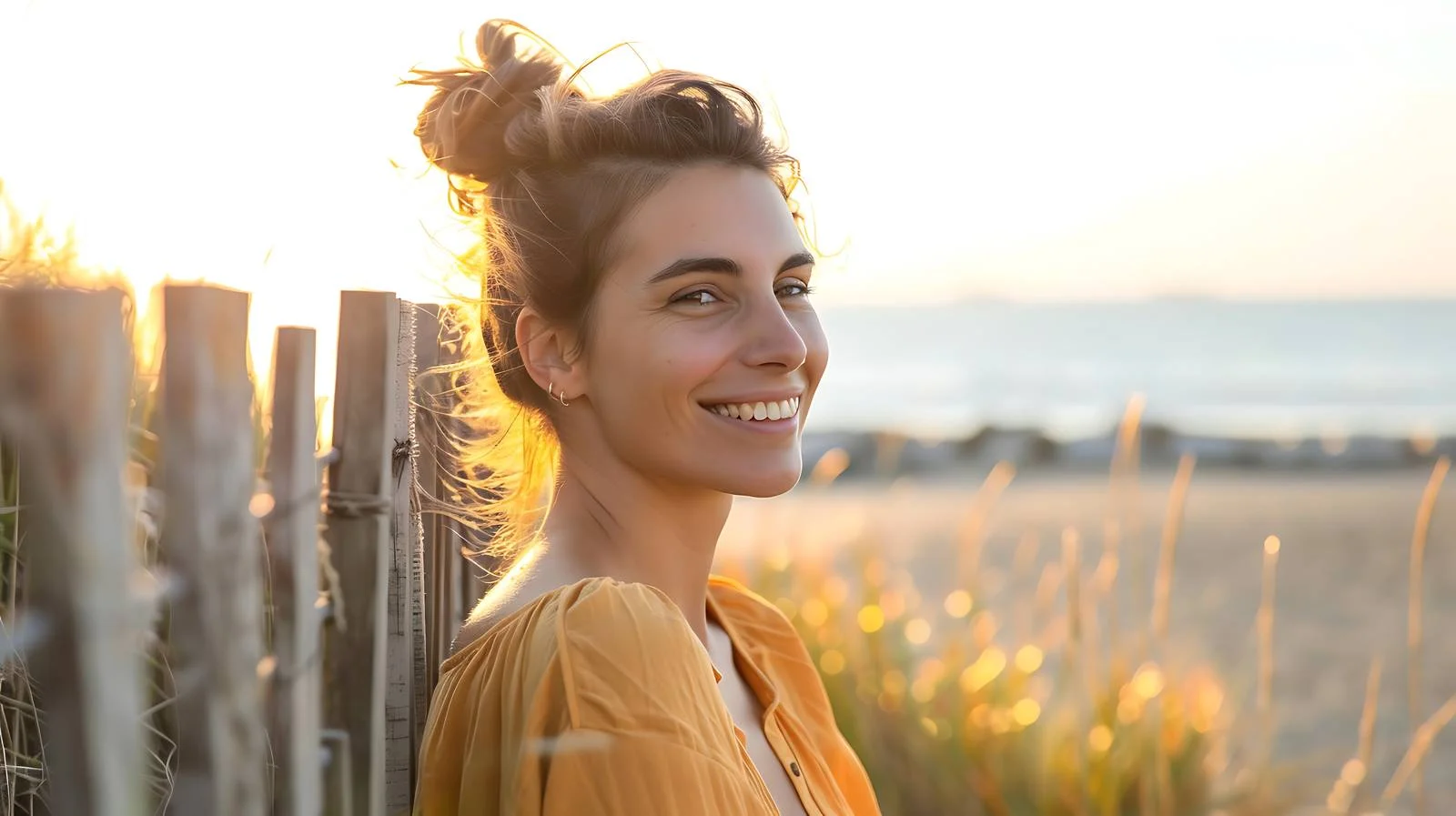 Serene Woman at Beachside Fence — free download from Dotvec