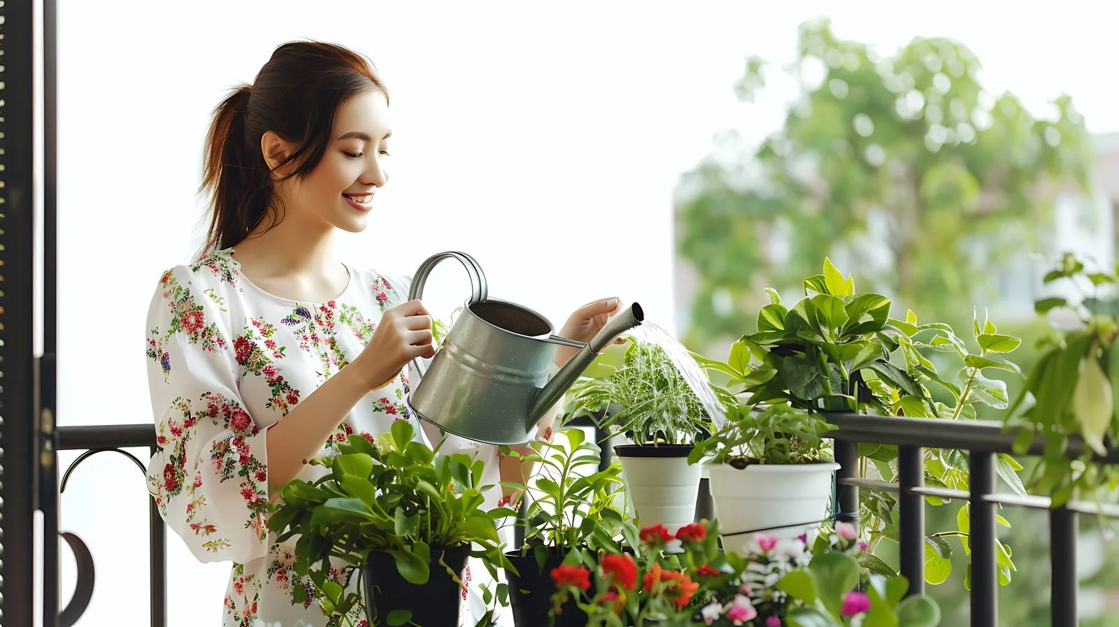 Happy Woman Watering Plants on Balcony — free download from Dotvec