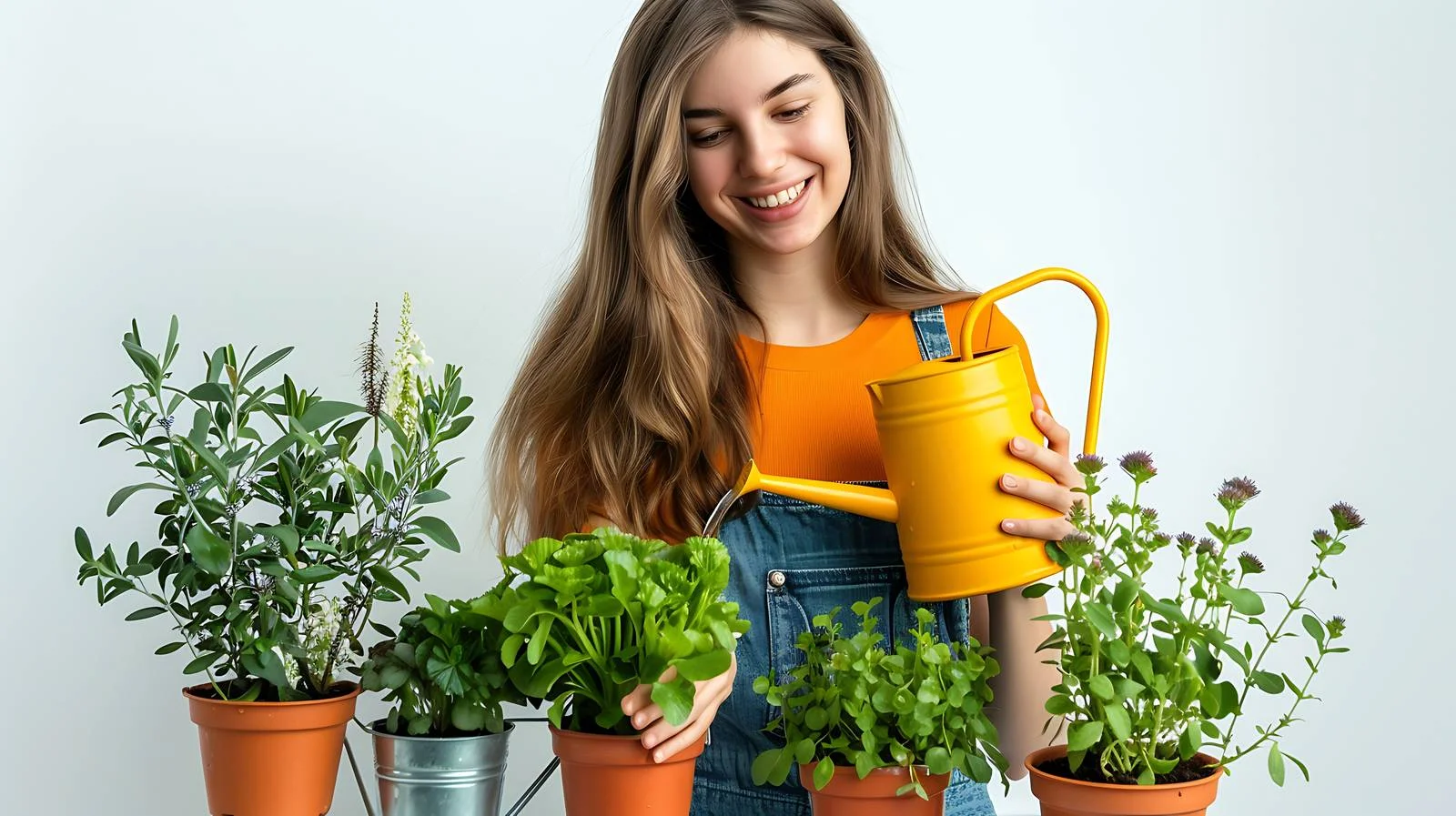 Joyful woman watering balcony plants outdoors — free download from Dotvec