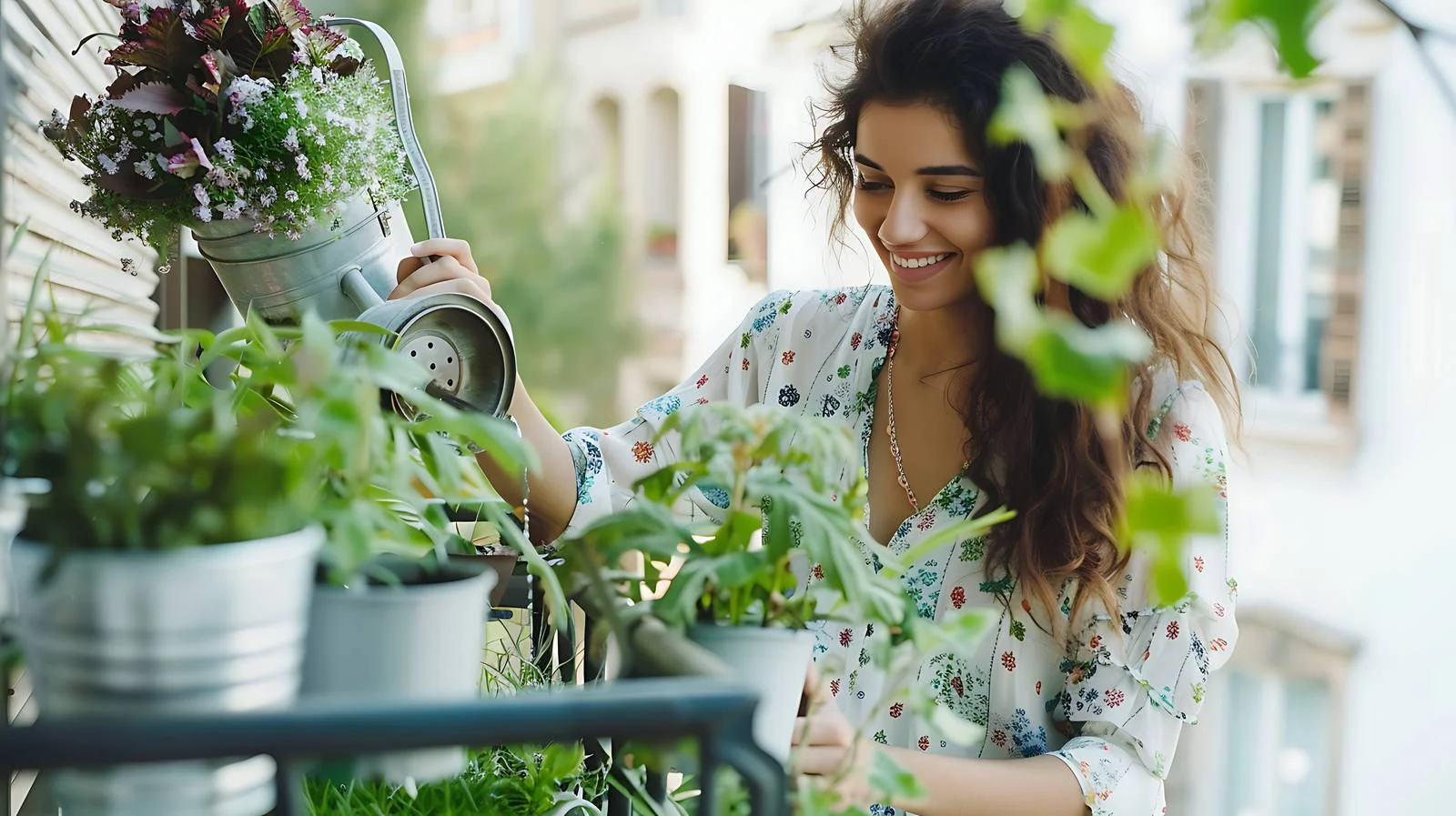 Joyful Woman Watering Plants on Balcony — free download from Dotvec