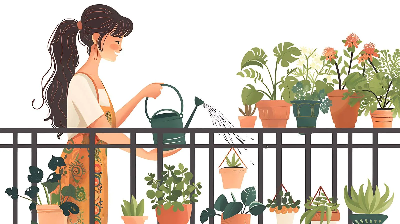 Joyful Woman Watering Plants on Balcony — free download from Dotvec