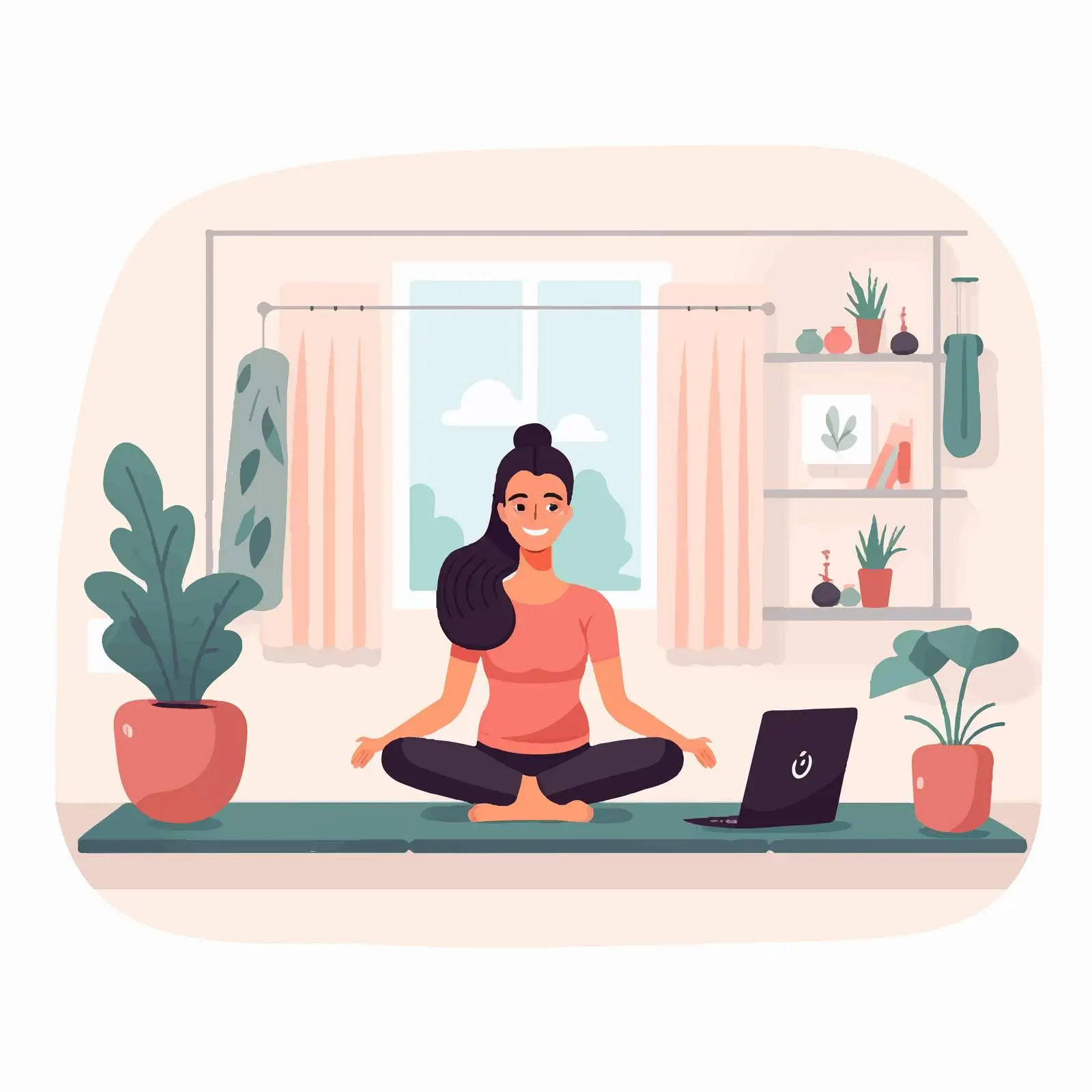 Smiling Woman Practicing Yoga Online at Home — free download from Dotvec